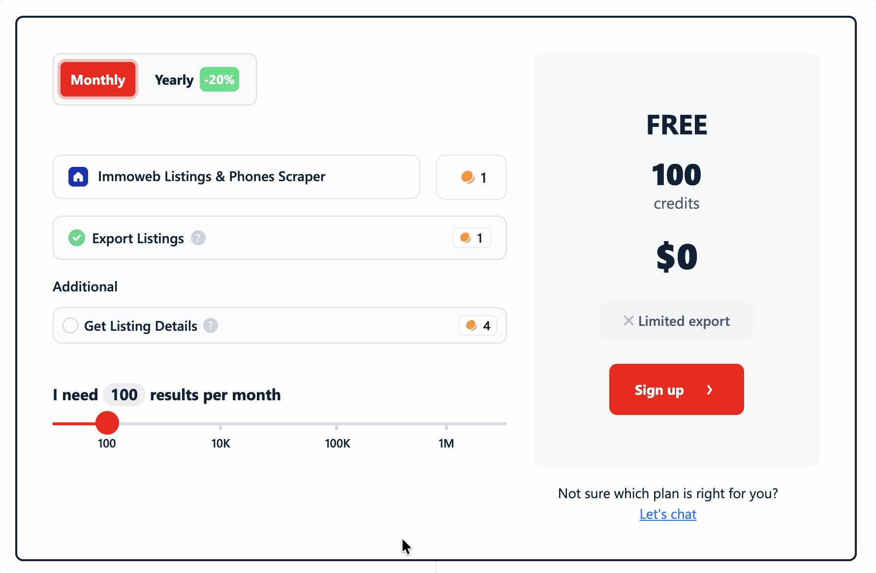 lobstr.io pricing page for Immoweb listings