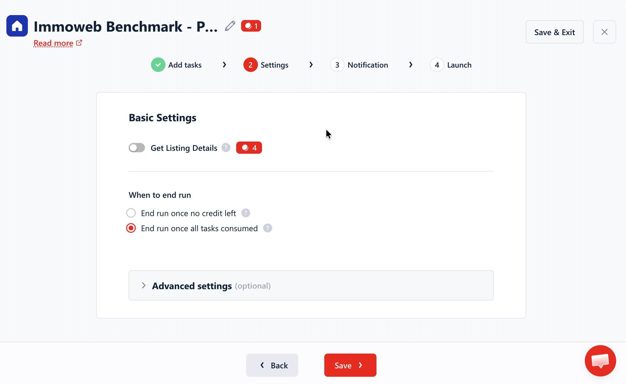 lobstr.io UI showing the Immoweb scraper's controls
