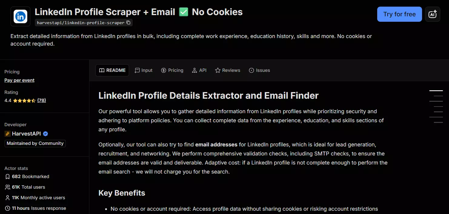 2. Apify ... HarvestAPI LinkedIn Profile Scraper