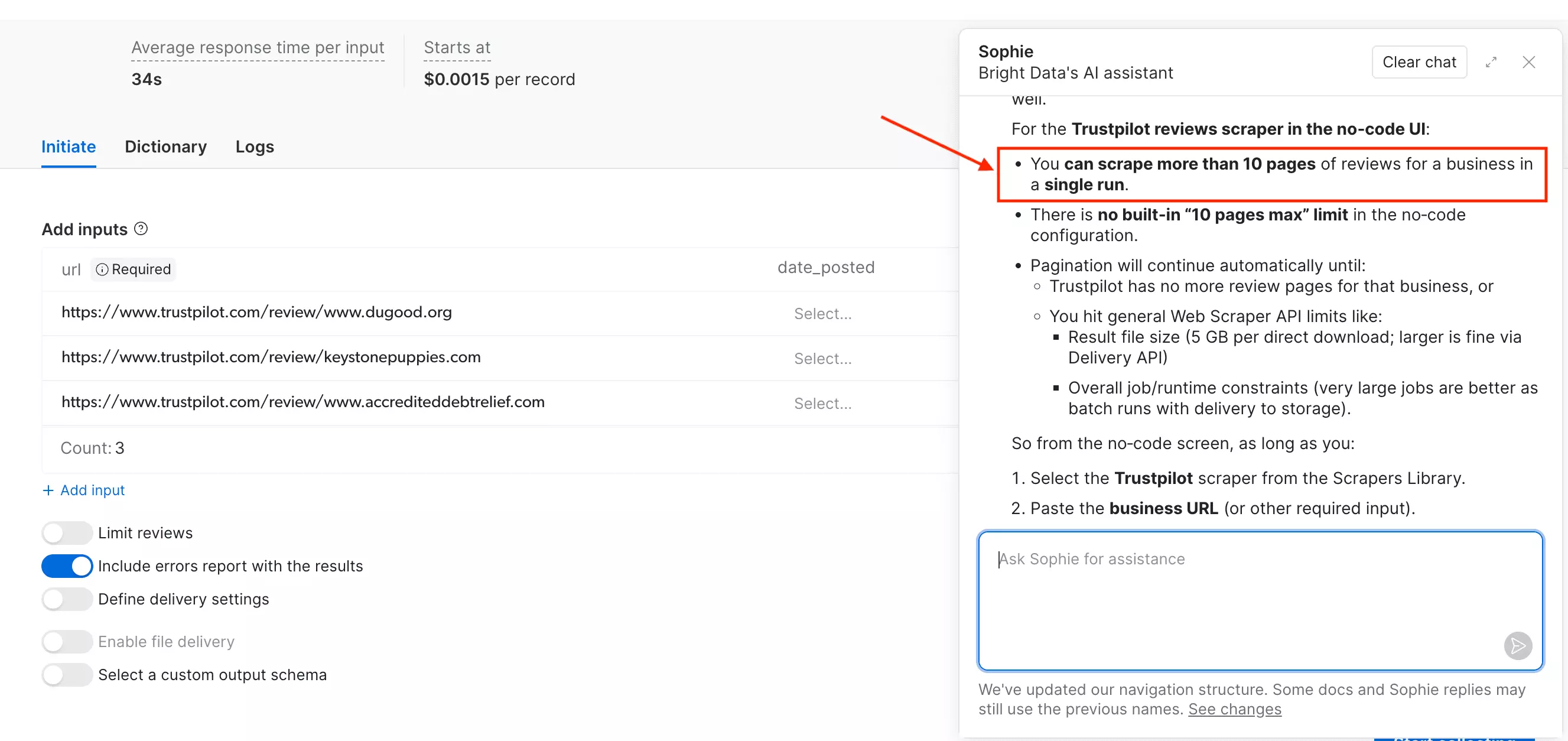 Bright Data support reply confirming no pagination cap
