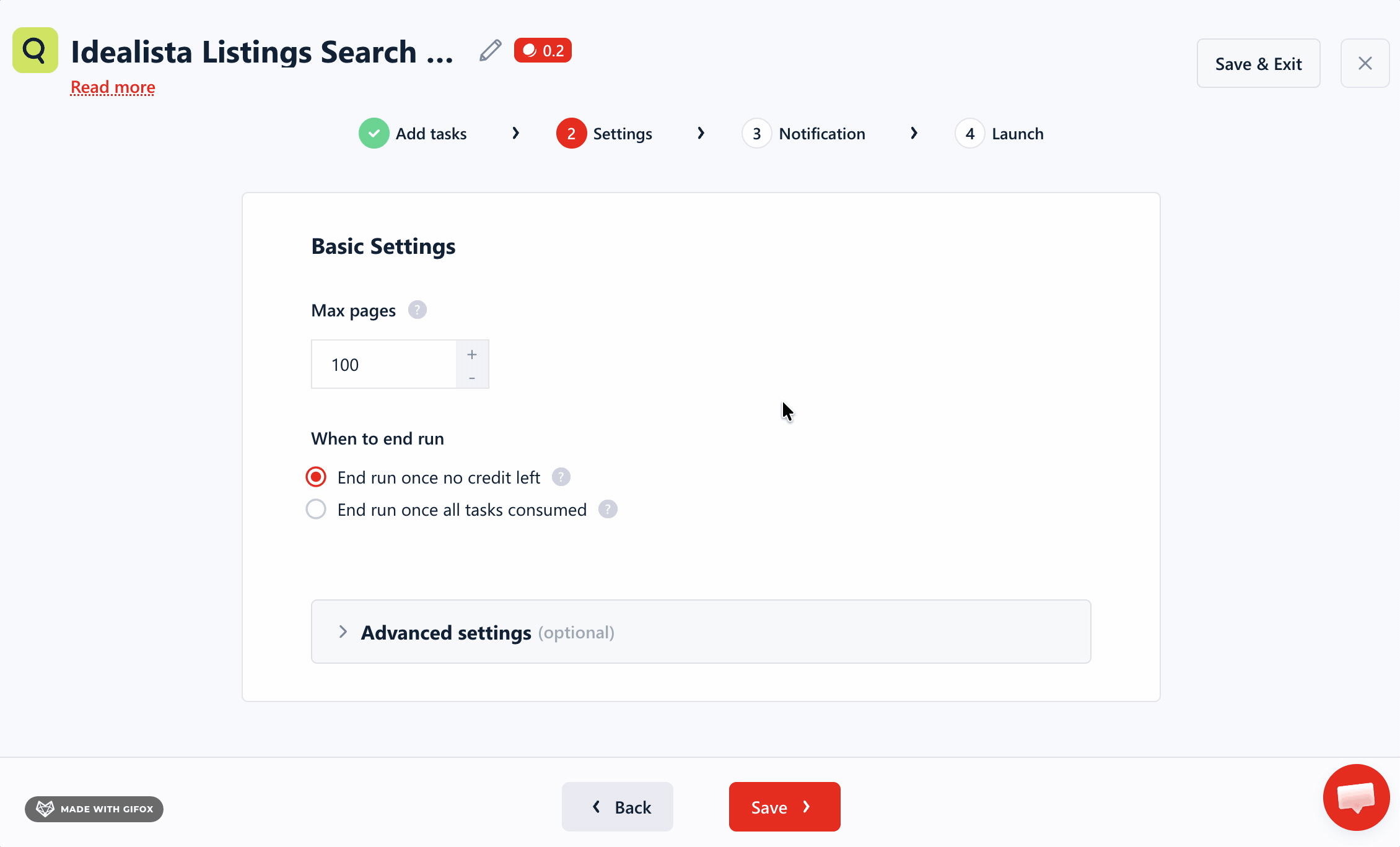 GIF of lobstr.io run settings — max pages, max results, deduplication, and line-break handling