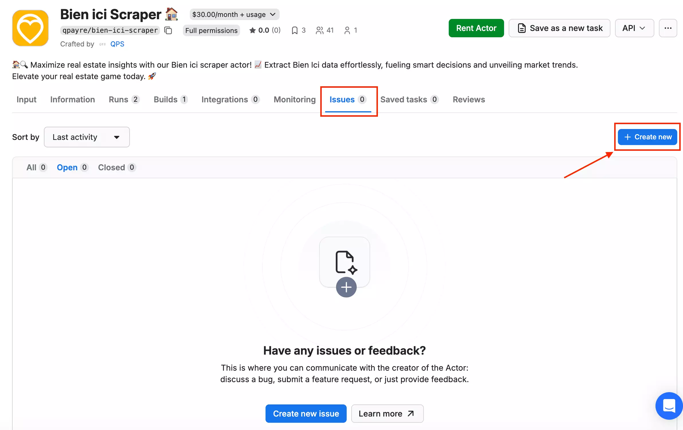 Apify issue creation interface for technical support