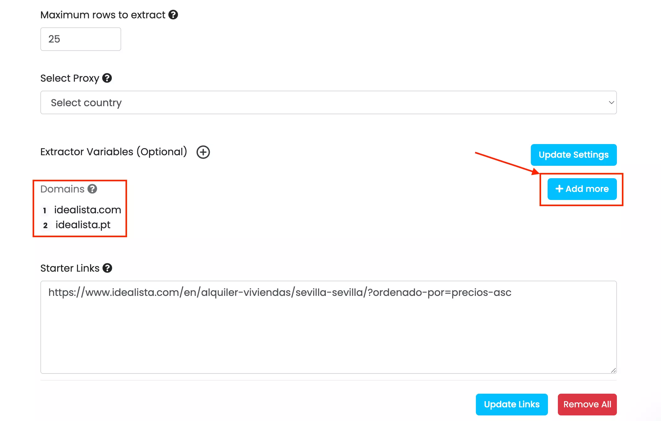 WebAutomation.io Domains field with Add more button for multiple Idealista markets