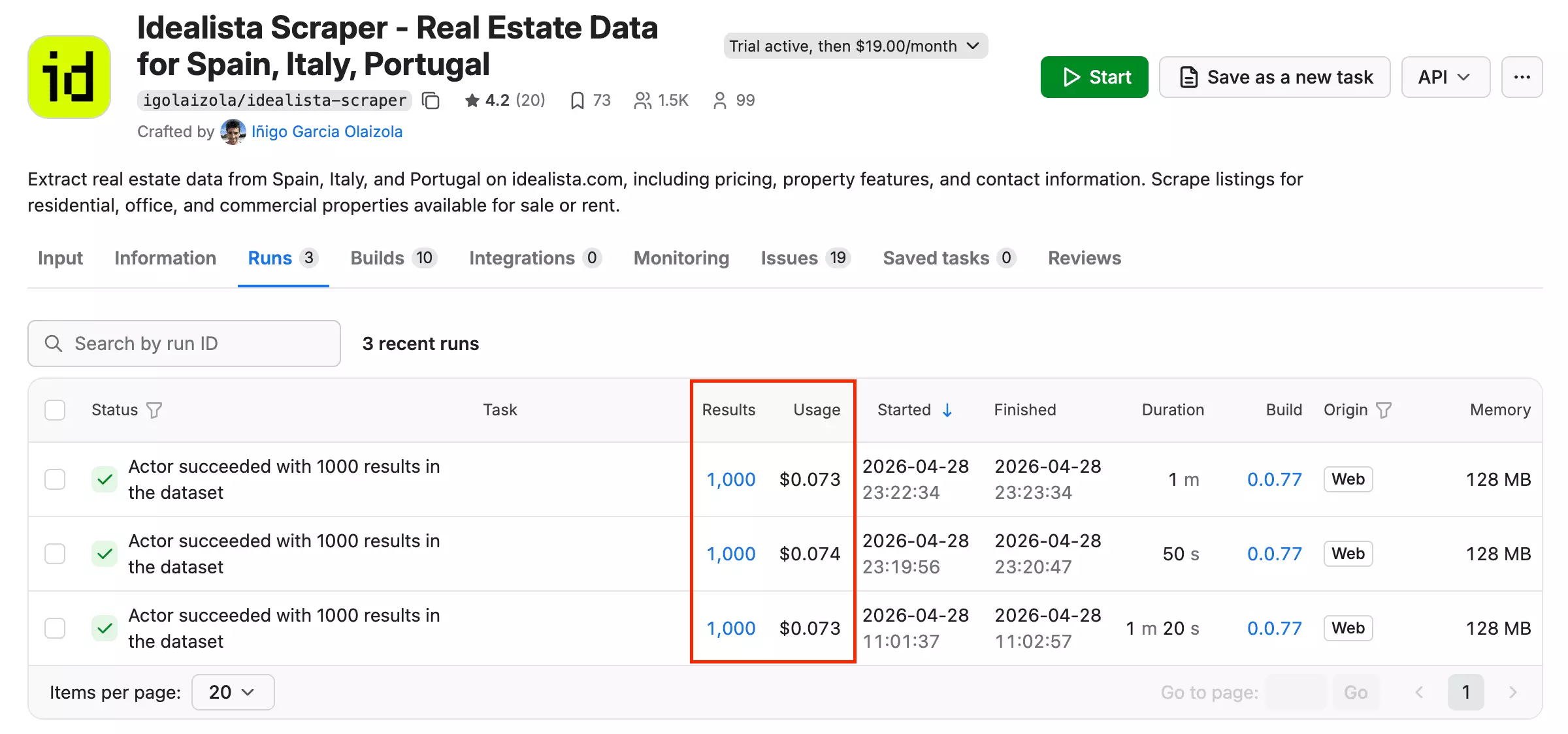 Apify usage cost breakdown for 1,000 results — approximately $0.07 total