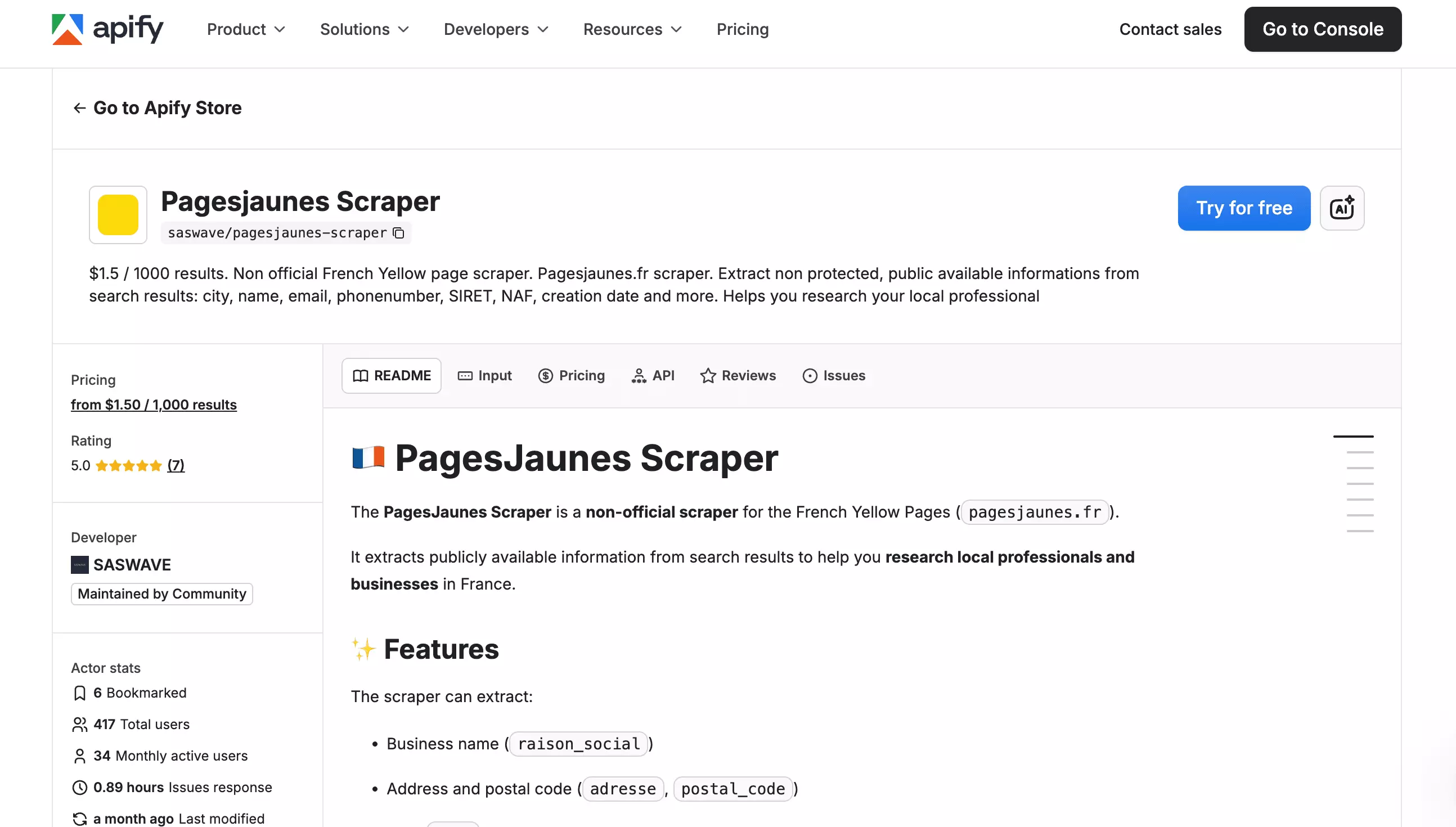 Apify product page