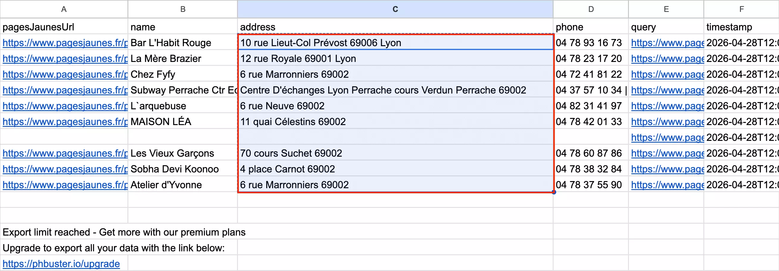 address screenshot of the results