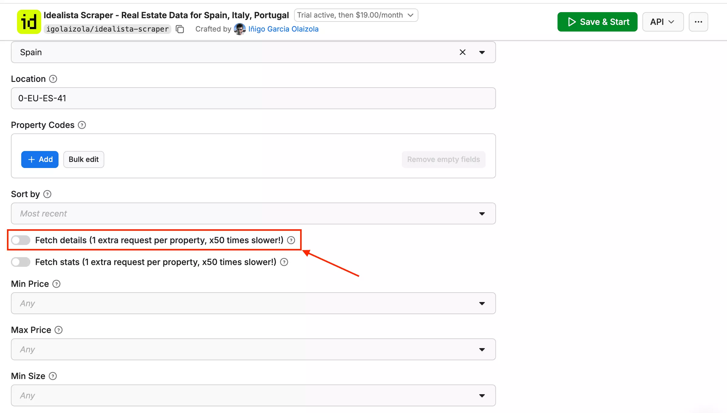 Screenshot of the fetch detail toggle