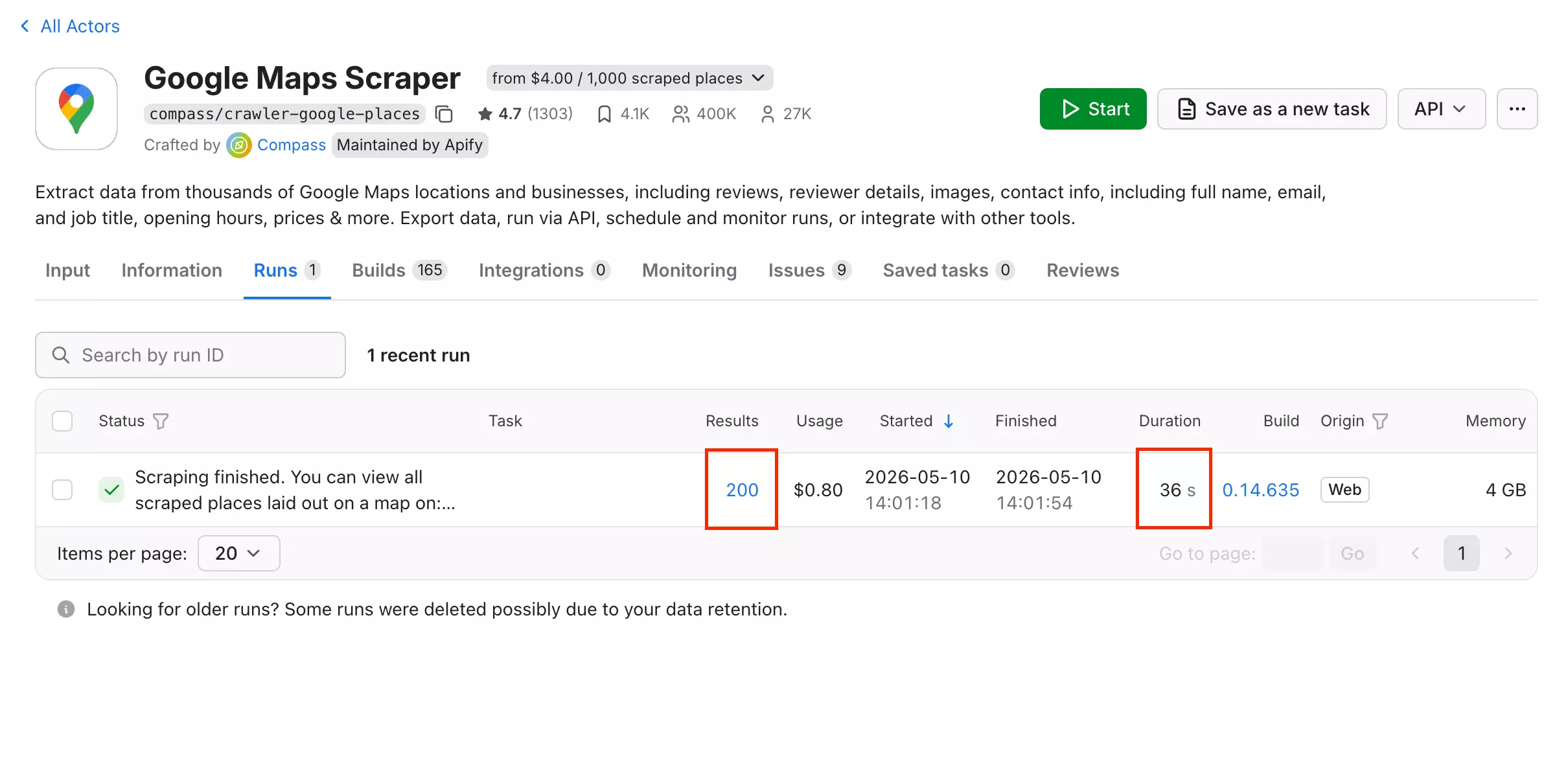 Apify speed result