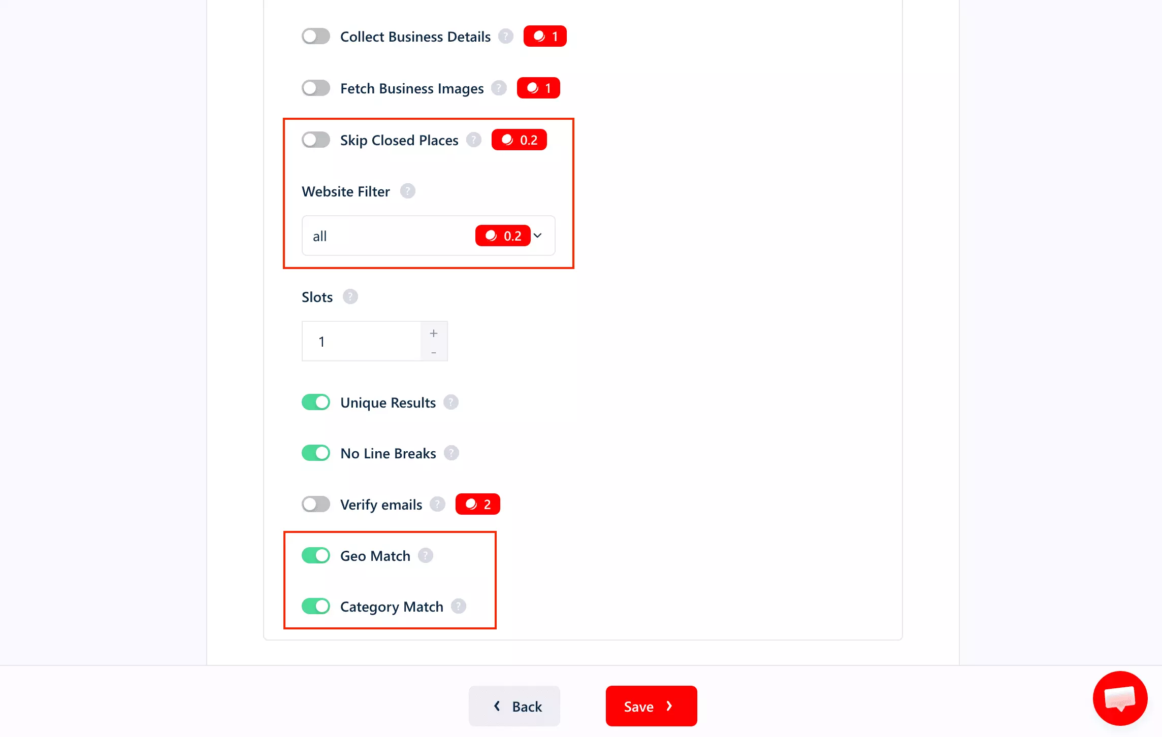 lobstr.io settings showing pre-scrape filters
