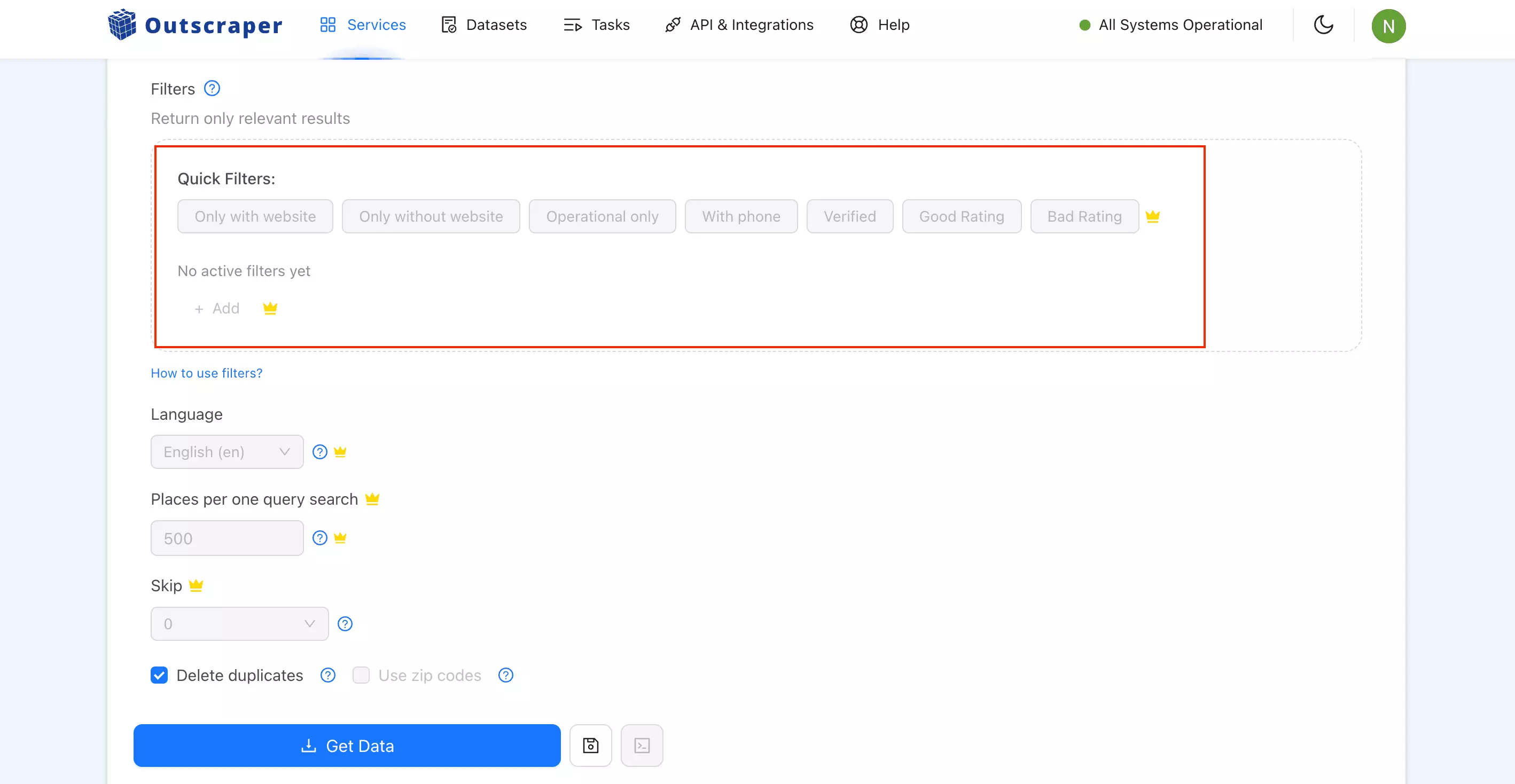 Outscraper Quick Filters panel
