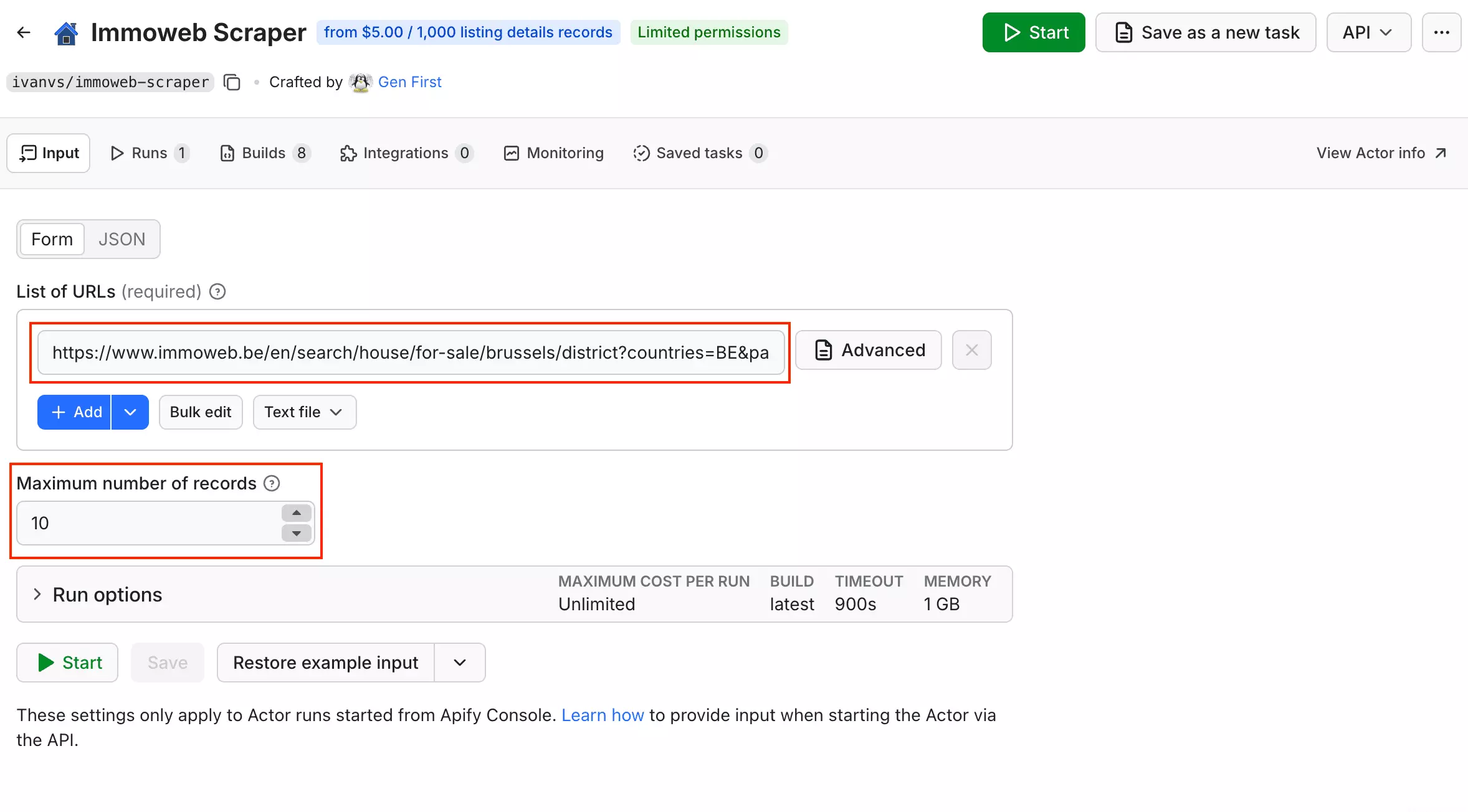 Apify Actor console showing the Immoweb Scraper's input and controls