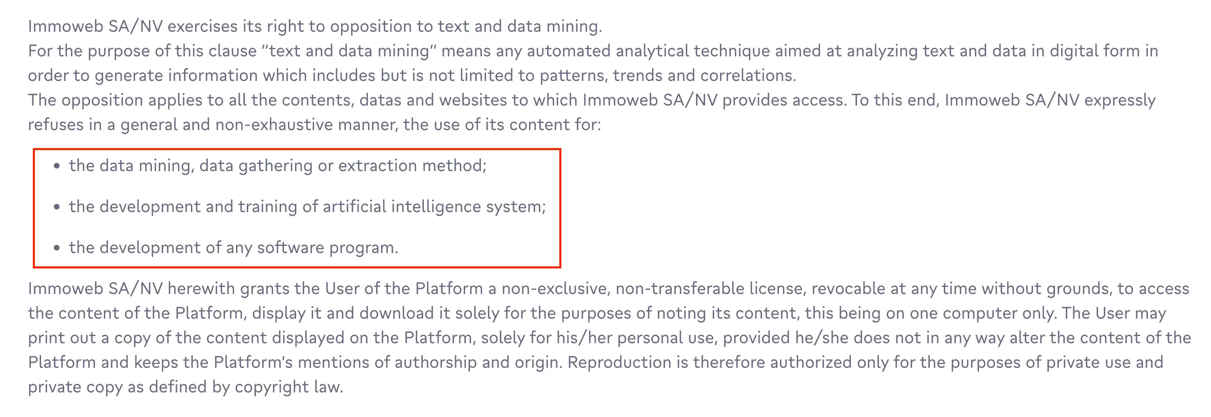 Immoweb Terms of Use clause opposing text and data mining