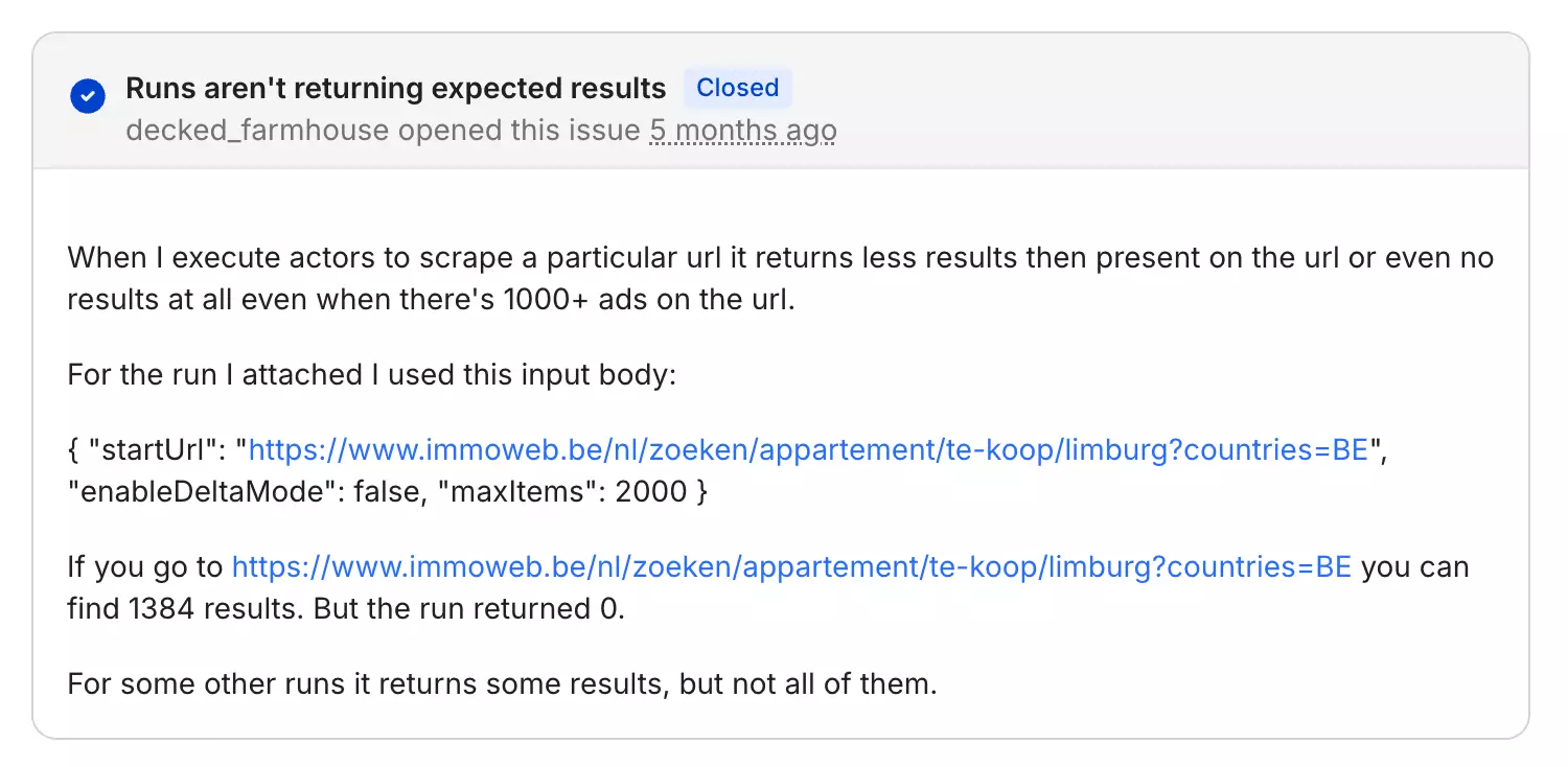 Apify issues tab showing a search with 1,384 listings with zero results
