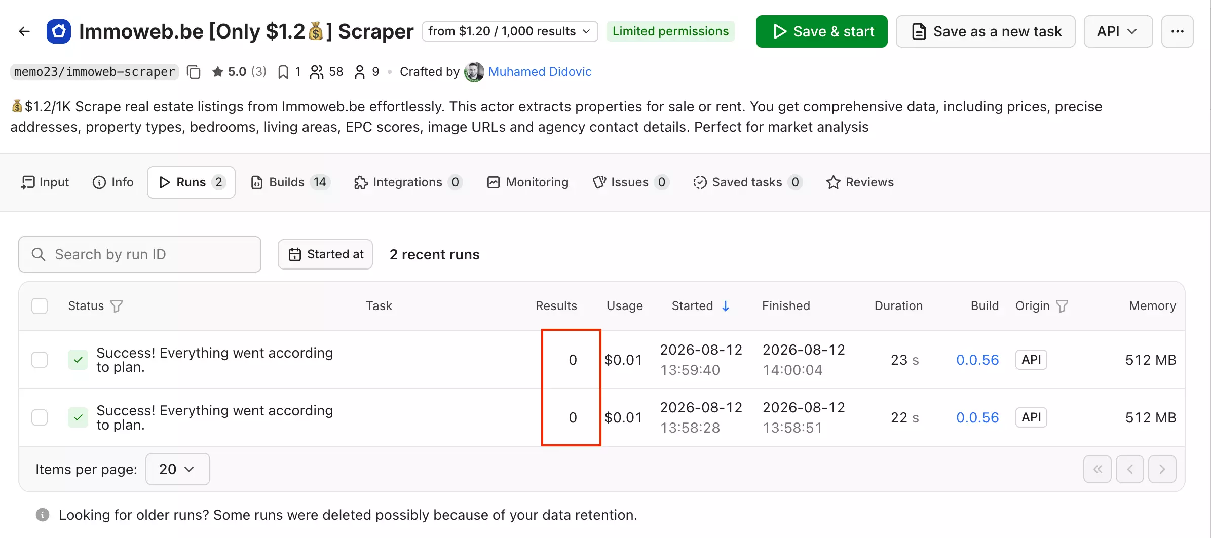 Apify memo23 run screenshot showing 0 results