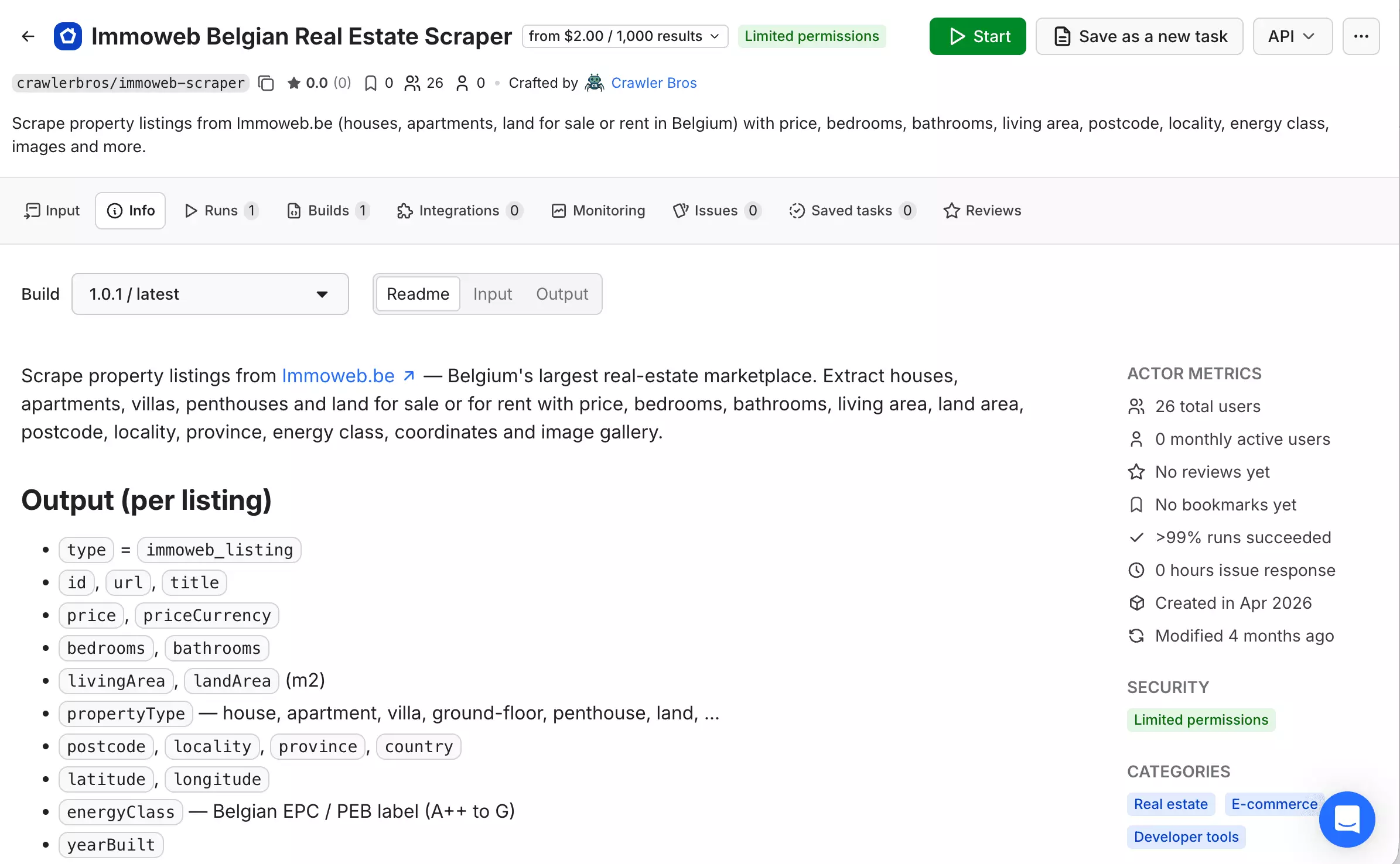 Apify crawlerbros/immoweb-scraper homepage