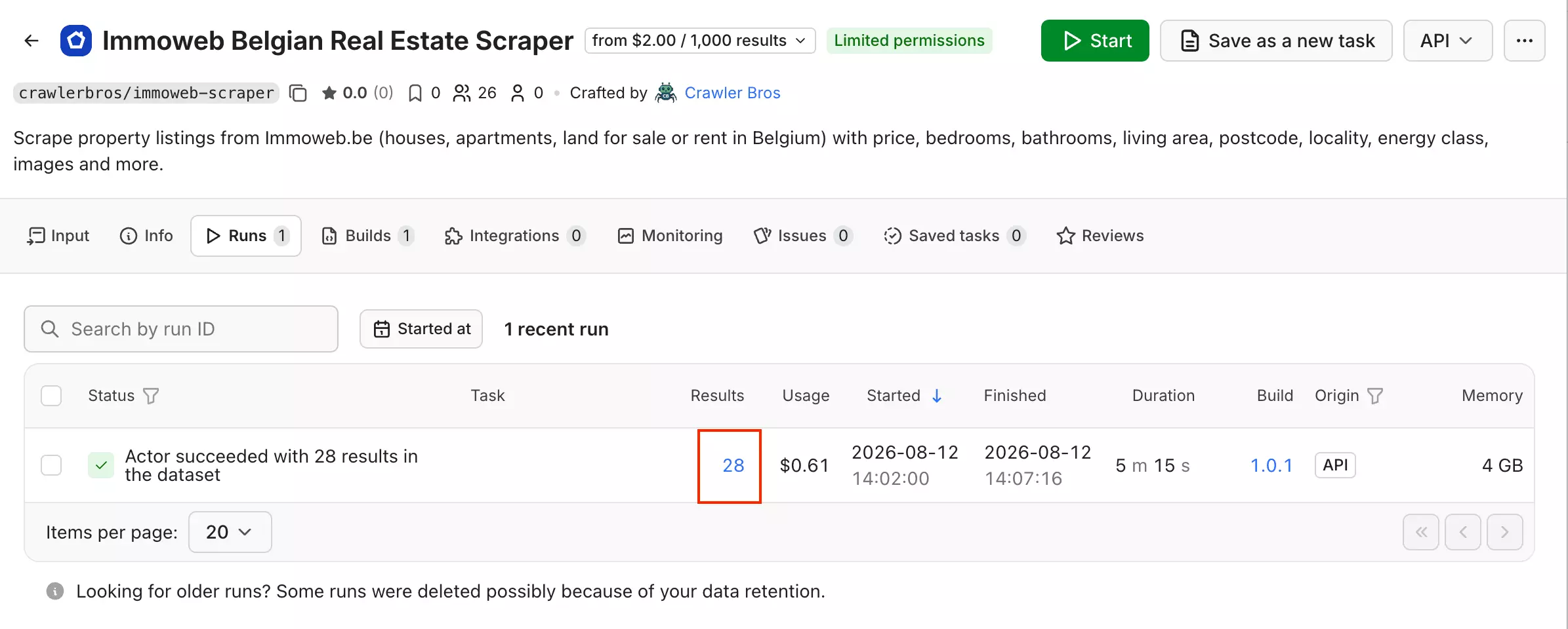 Apify crawlerbros run screenshot showing the 270-second budget cap