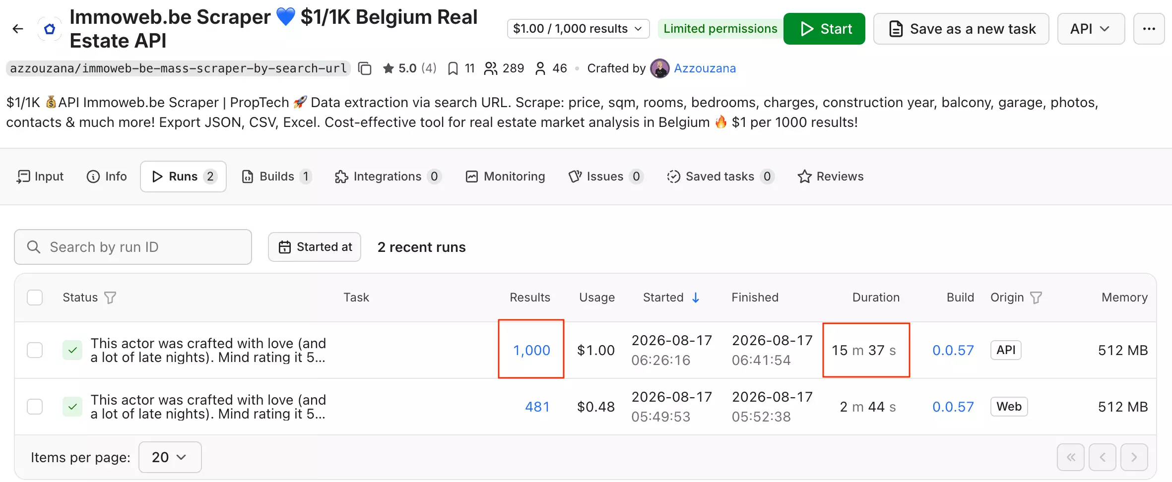 azzouzana no-code UI screenshot showing 1,000 listings collected in 15 min 37 sec, ~64 listings/min