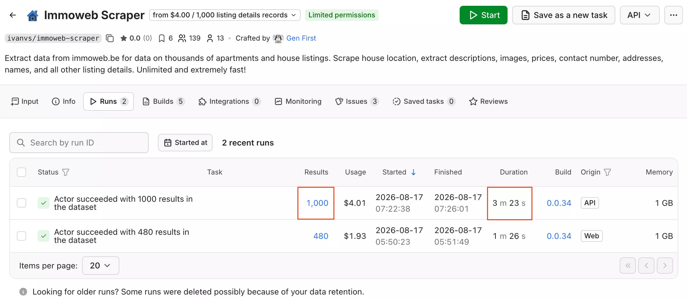 Apify ivanvs no-code UI screenshot showing 1,000 listings collected in 3 min 23 sec, ~296 listings/min