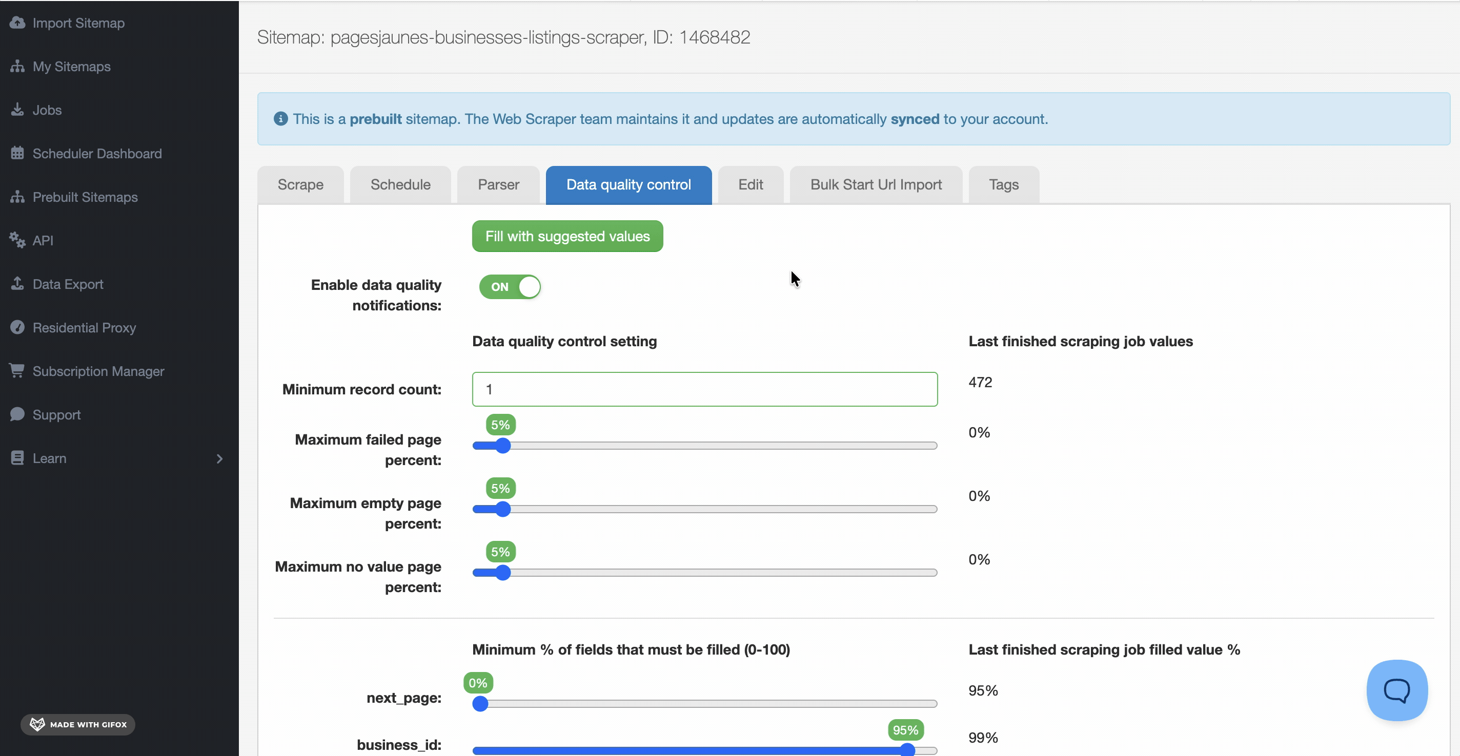WebScraper.io data quality control settings