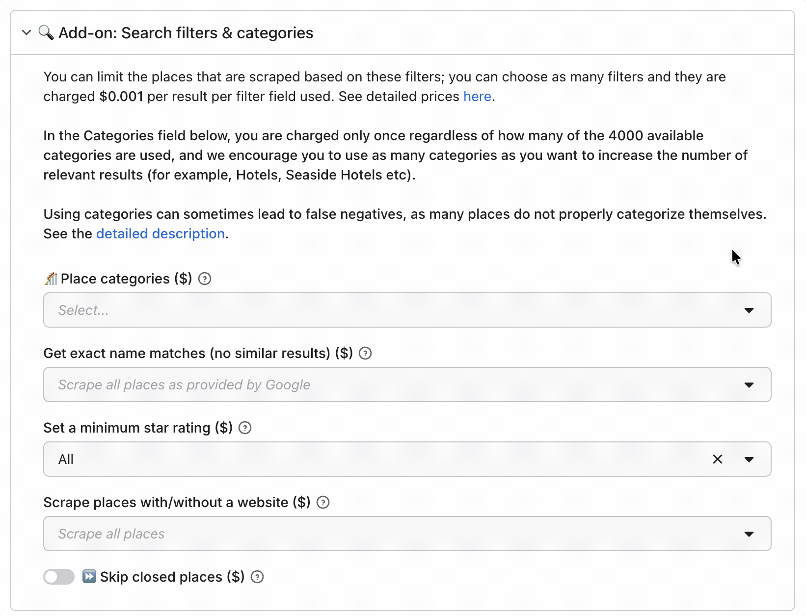 Apify Search filters and categories pre-scrape filtering interface