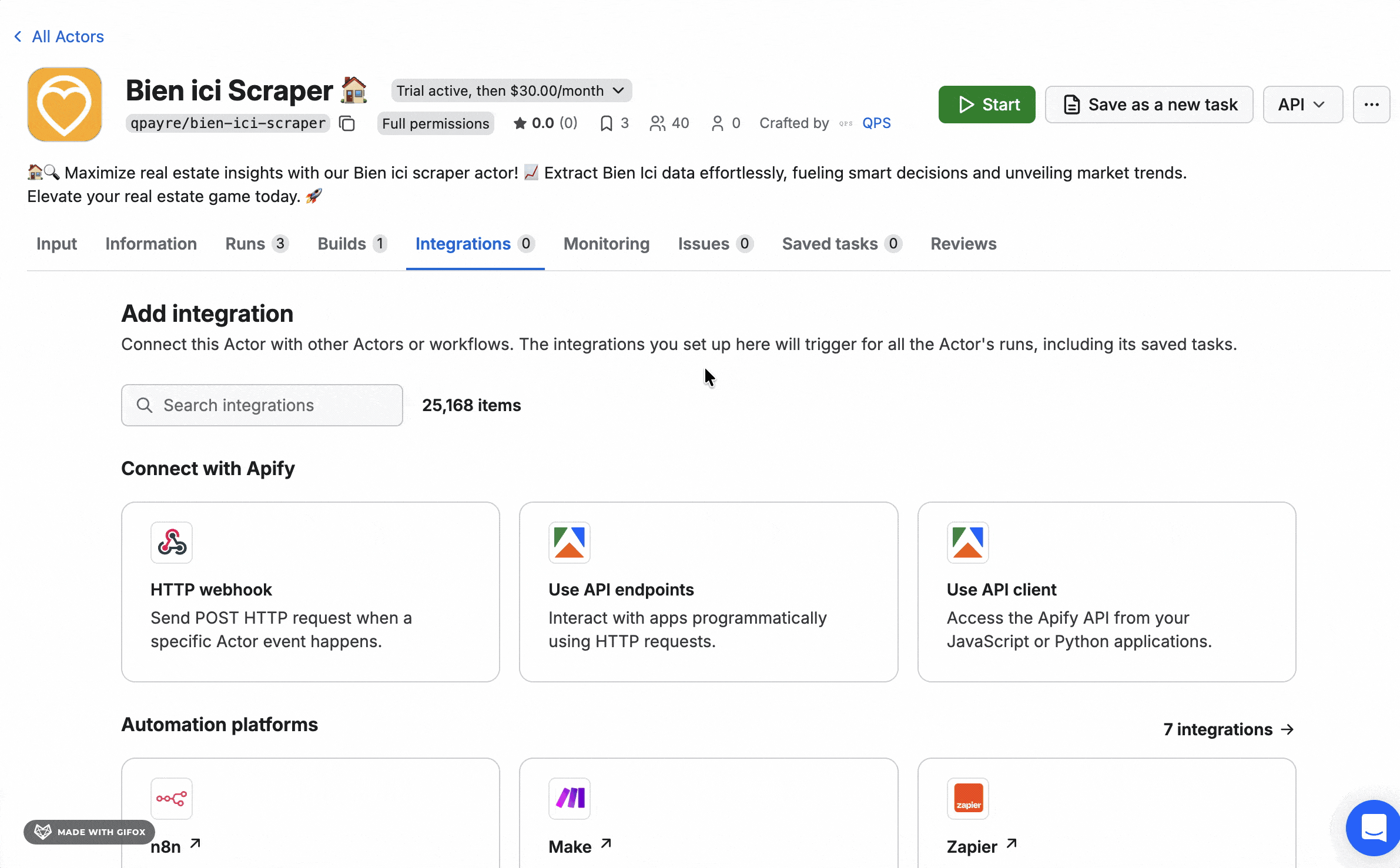 Apify integrations with Make, Zapier, and n8n