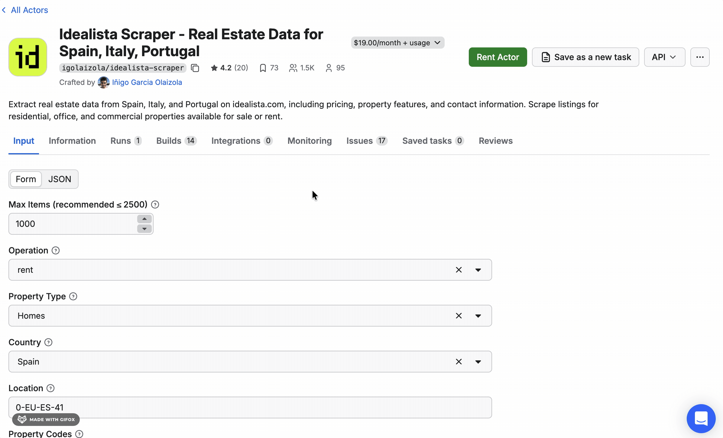 GIF showing Apify Idealista scraper requiring separate run for each location or filter combination