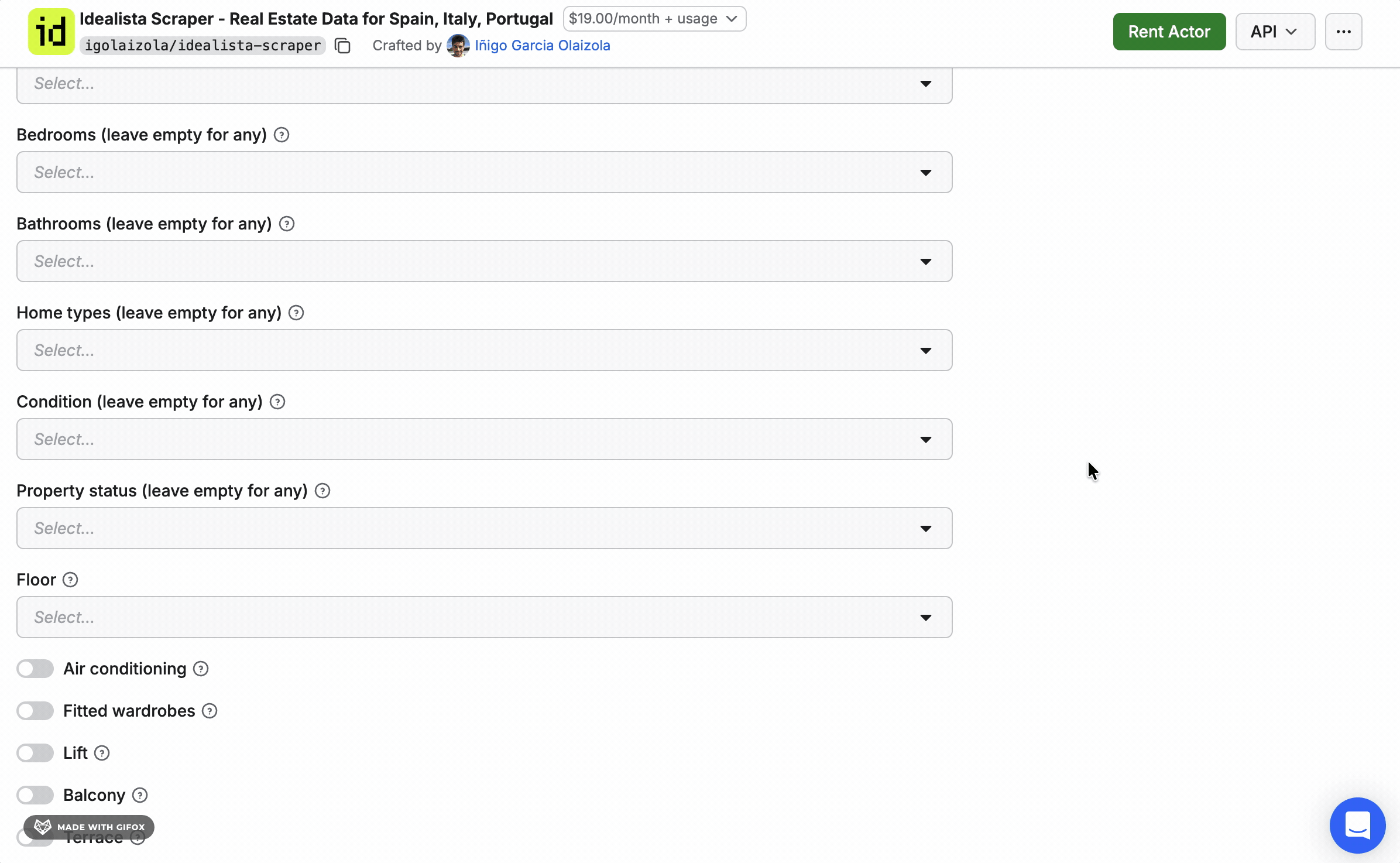 GIF showing Apify amenity toggles — binary on/off with no "all listings" option