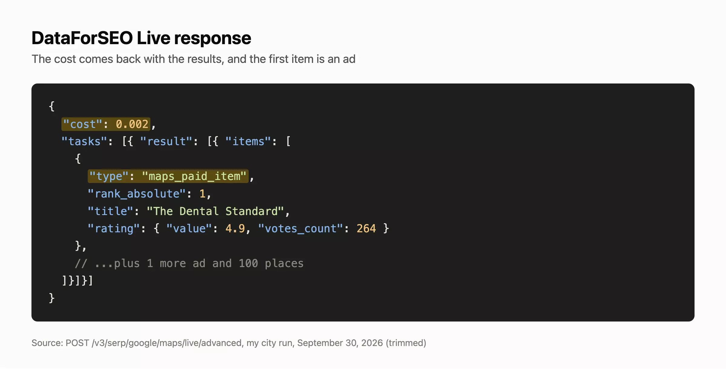 DataForSEO Live response with its cost field and an ad item