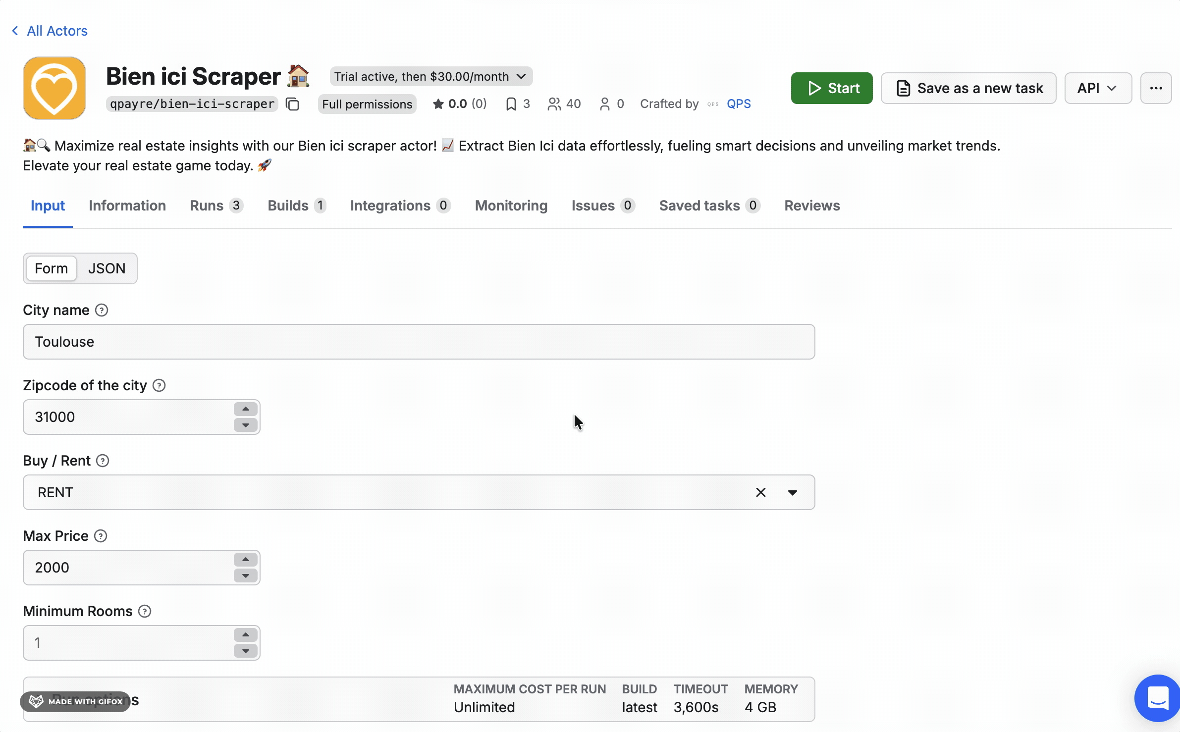 Apify Bien'Ici scraper form-based input interface