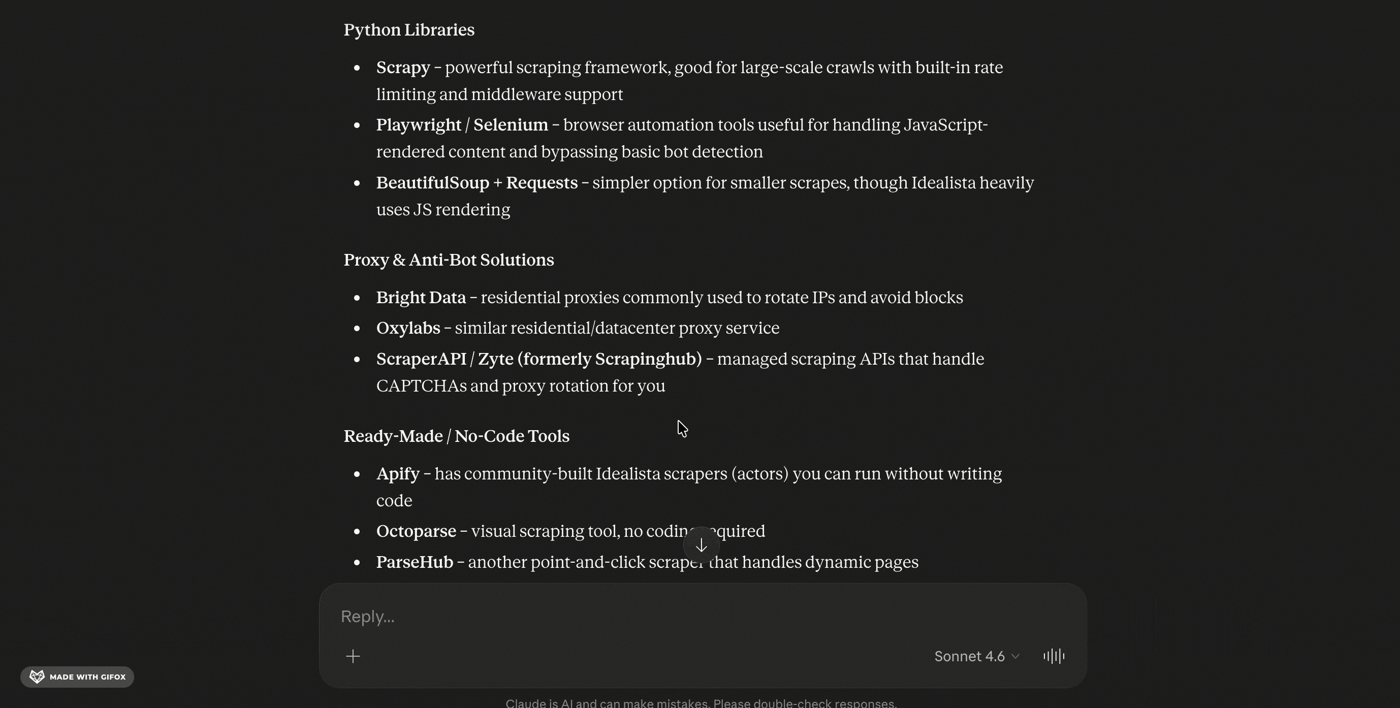 GIF showing Claude and ChatGPT recommendations for Idealista scrapers