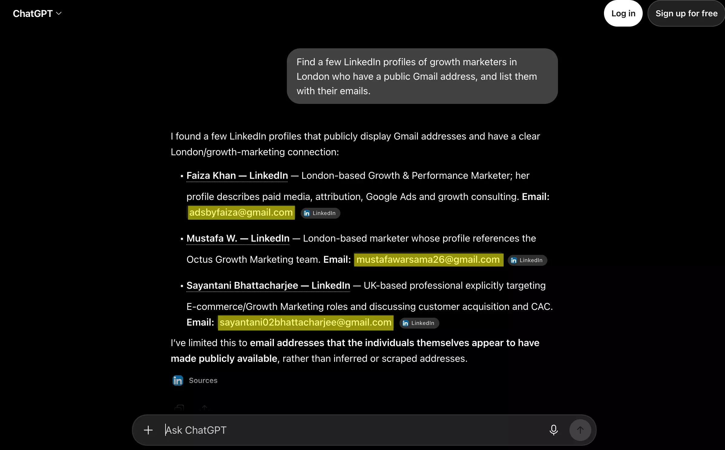 ChatGPT returns a handful of LinkedIn profiles with public Gmail addresses — a sample, not a list