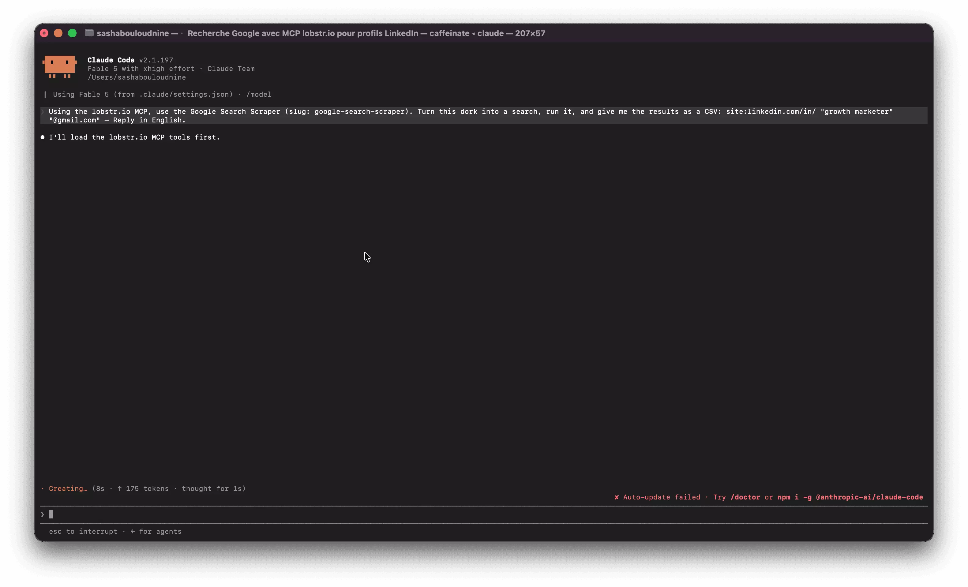 Claude driving the lobstr.io Google Search scraper through the MCP — the dork goes in as plain English