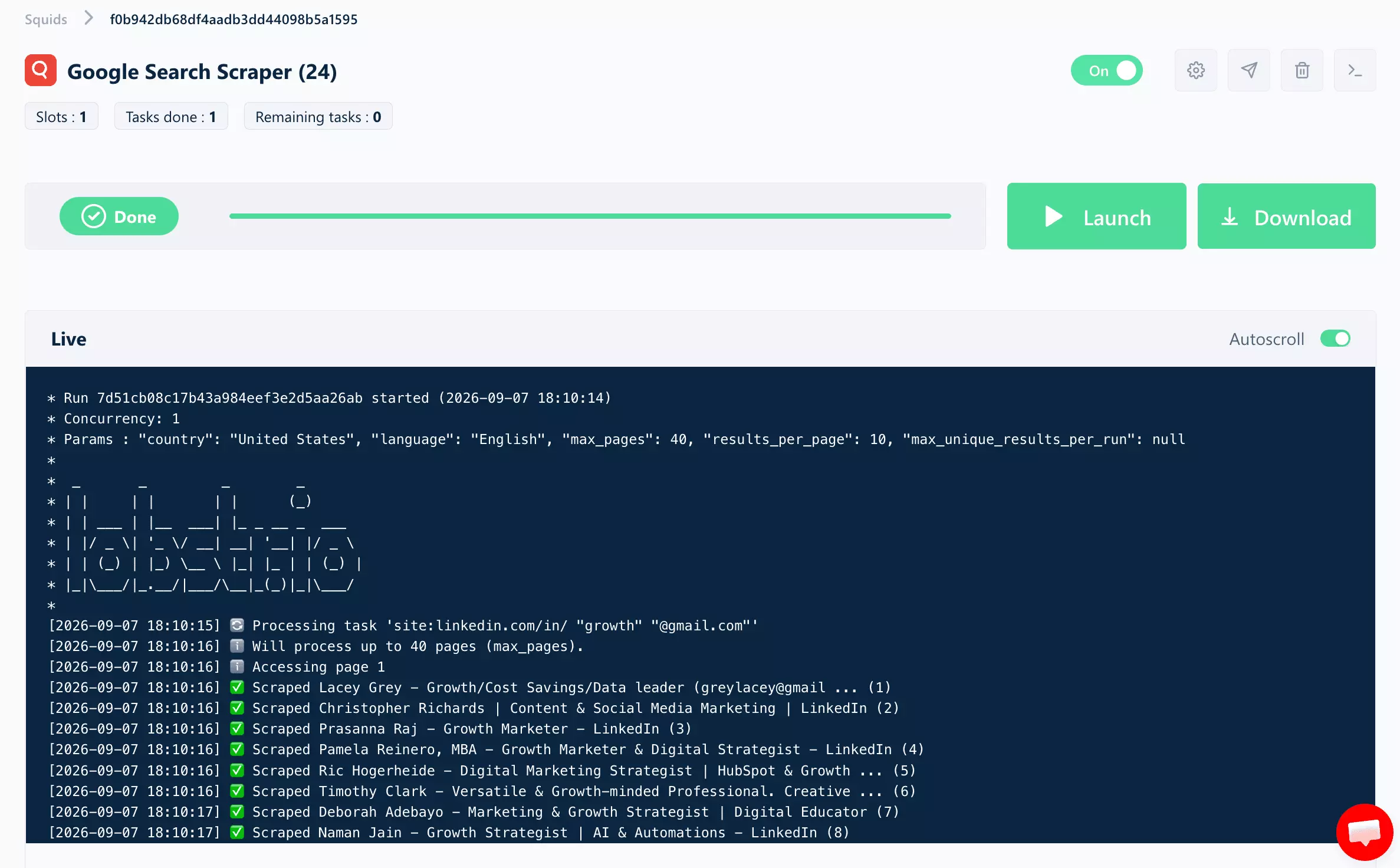 The lobstr.io console mid-run — the Google Search Scraper collecting results for the dork, live log visible