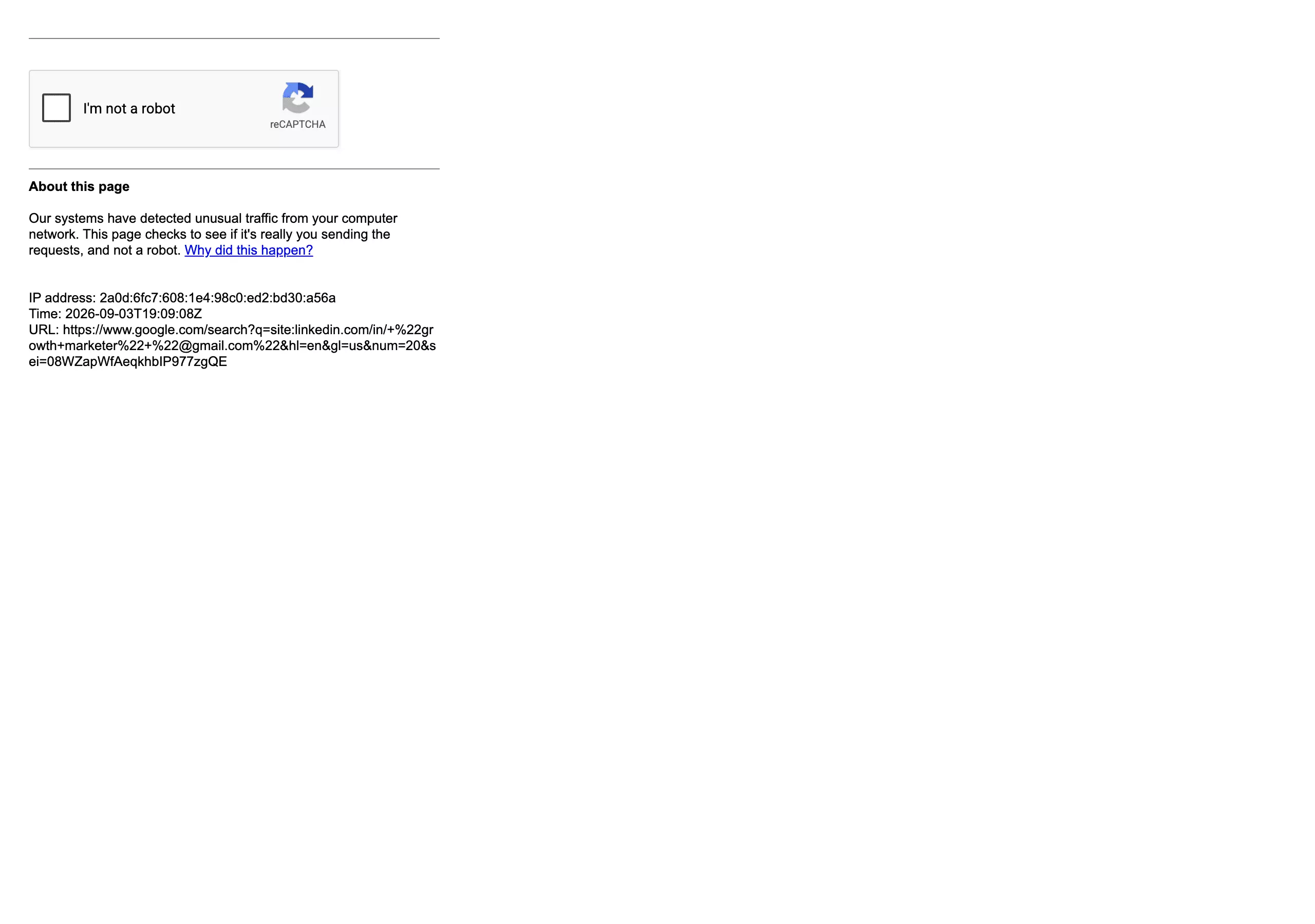 Google 'unusual traffic' reCAPTCHA wall — what heavy dorking runs into