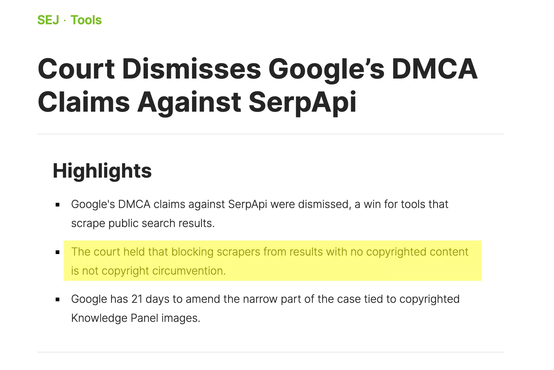 Search Engine Journal: court dismisses Google's DMCA claims against SerpApi