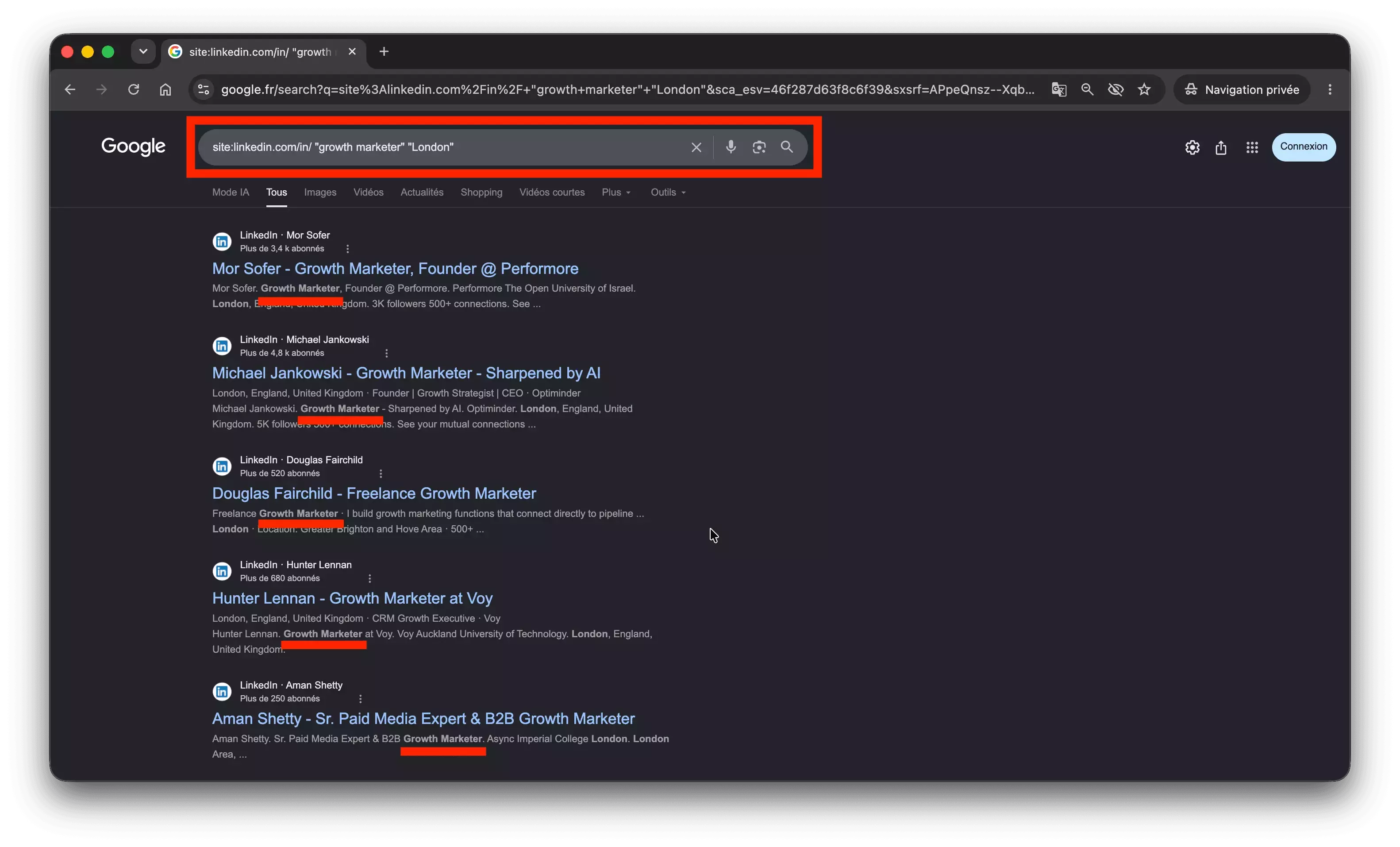 Real Google SERP for site:linkedin.com/in/ growth marketer London — a clean page of public profiles