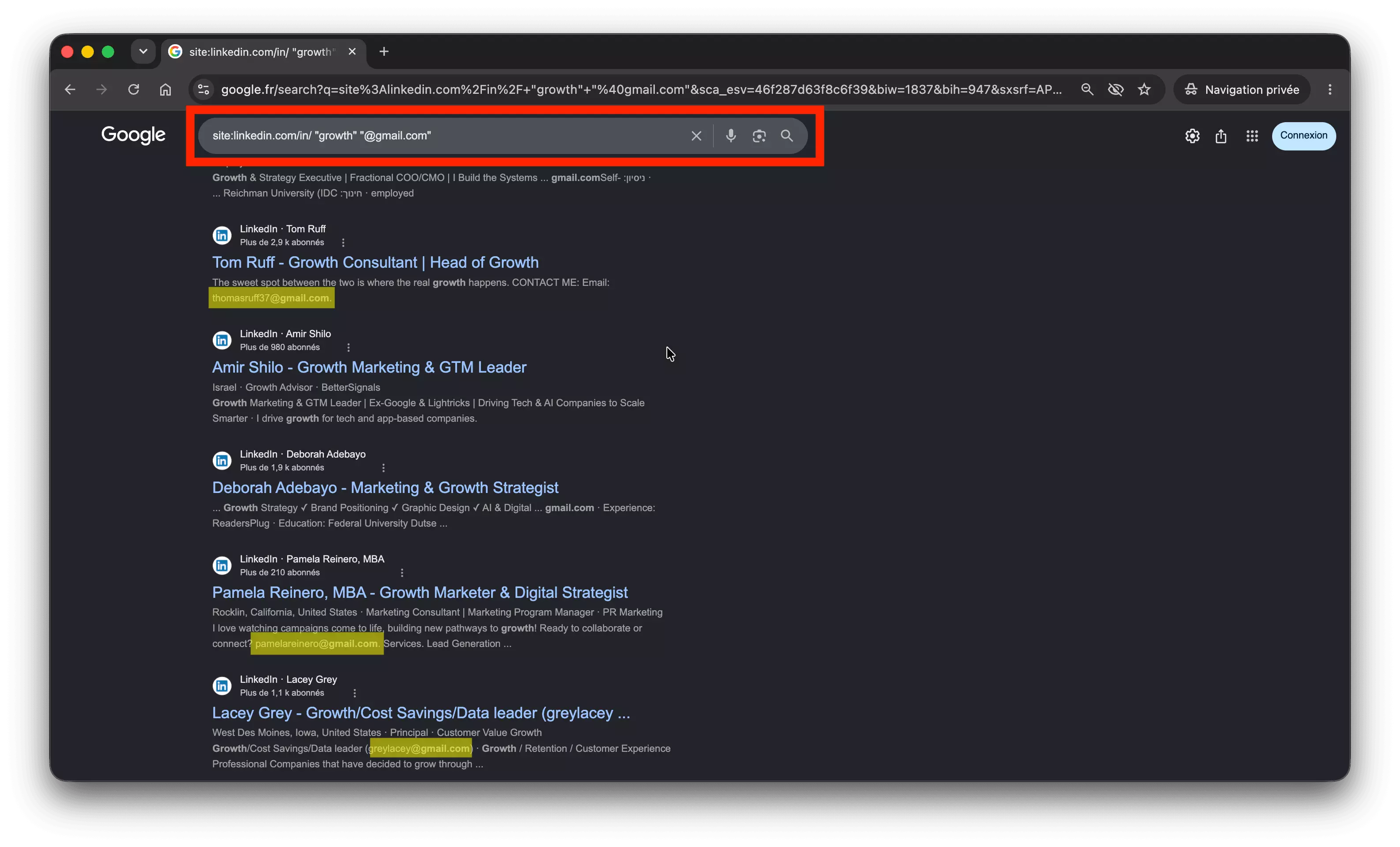 Google results for site:linkedin.com/in/ growth @gmail.com — full email addresses sitting right in the snippets