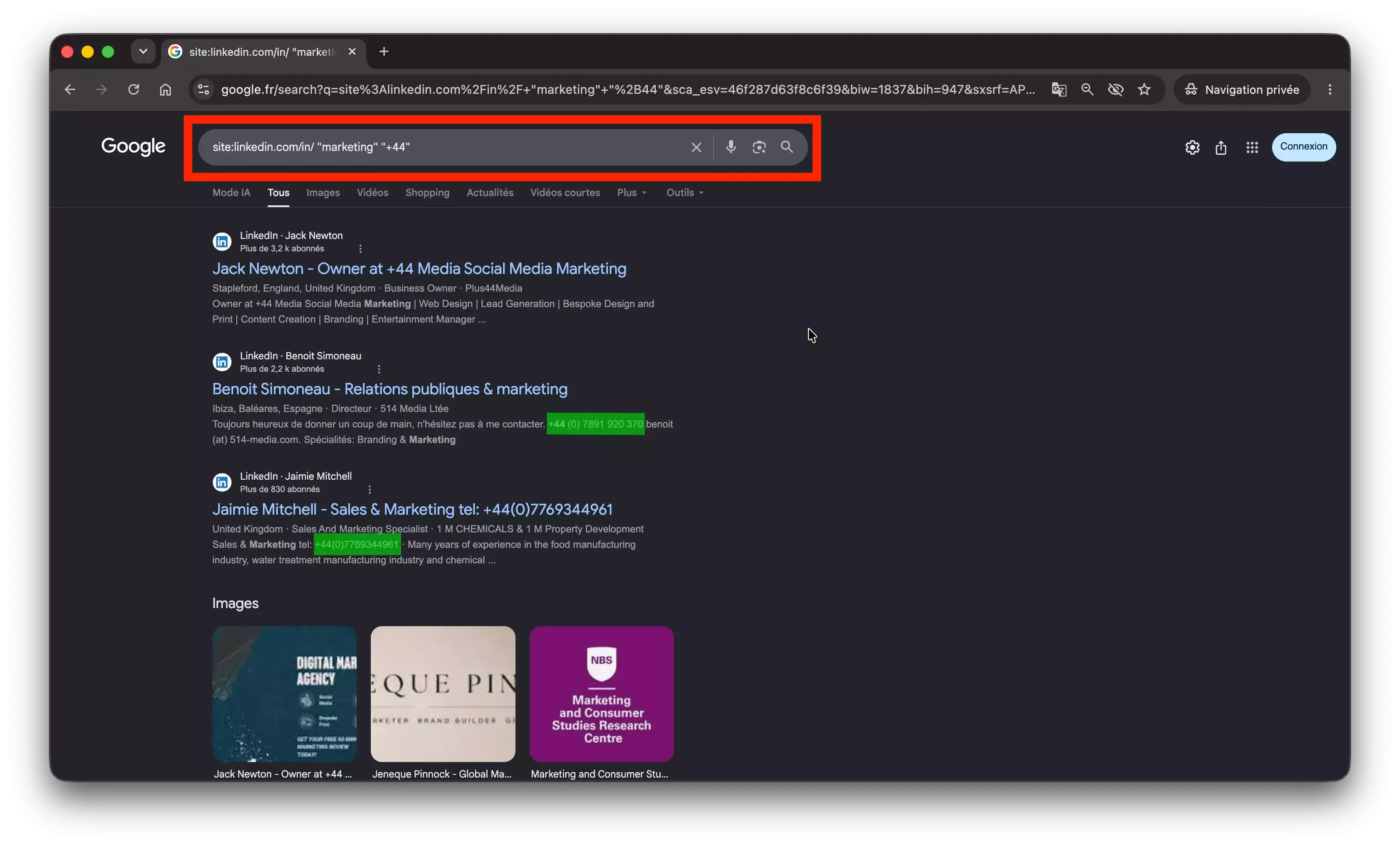 Google results for site:linkedin.com/in/ marketing +44 — phone numbers visible in the snippets