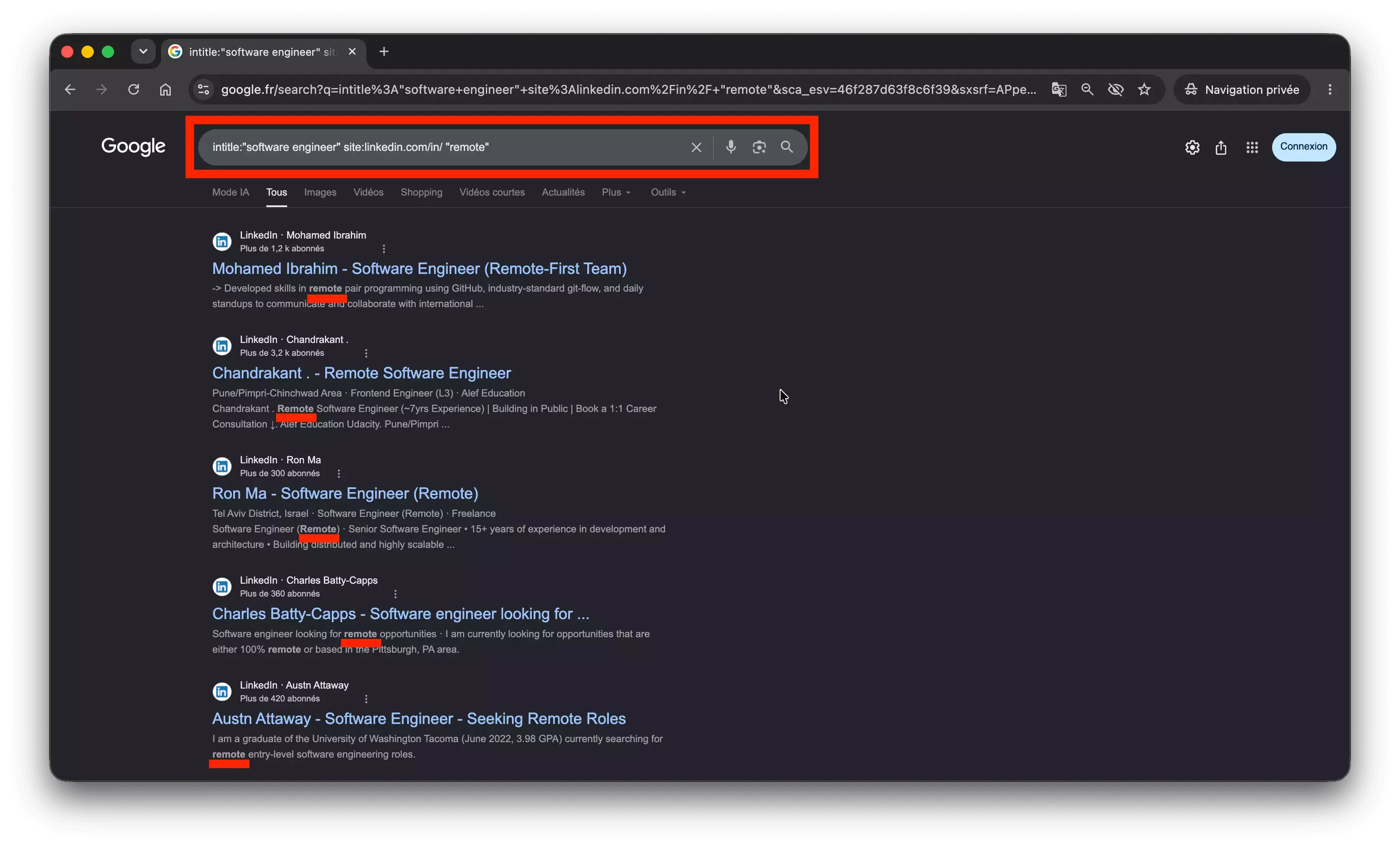 Google results for intitle software engineer site:linkedin.com/in/ remote — every title carries the role