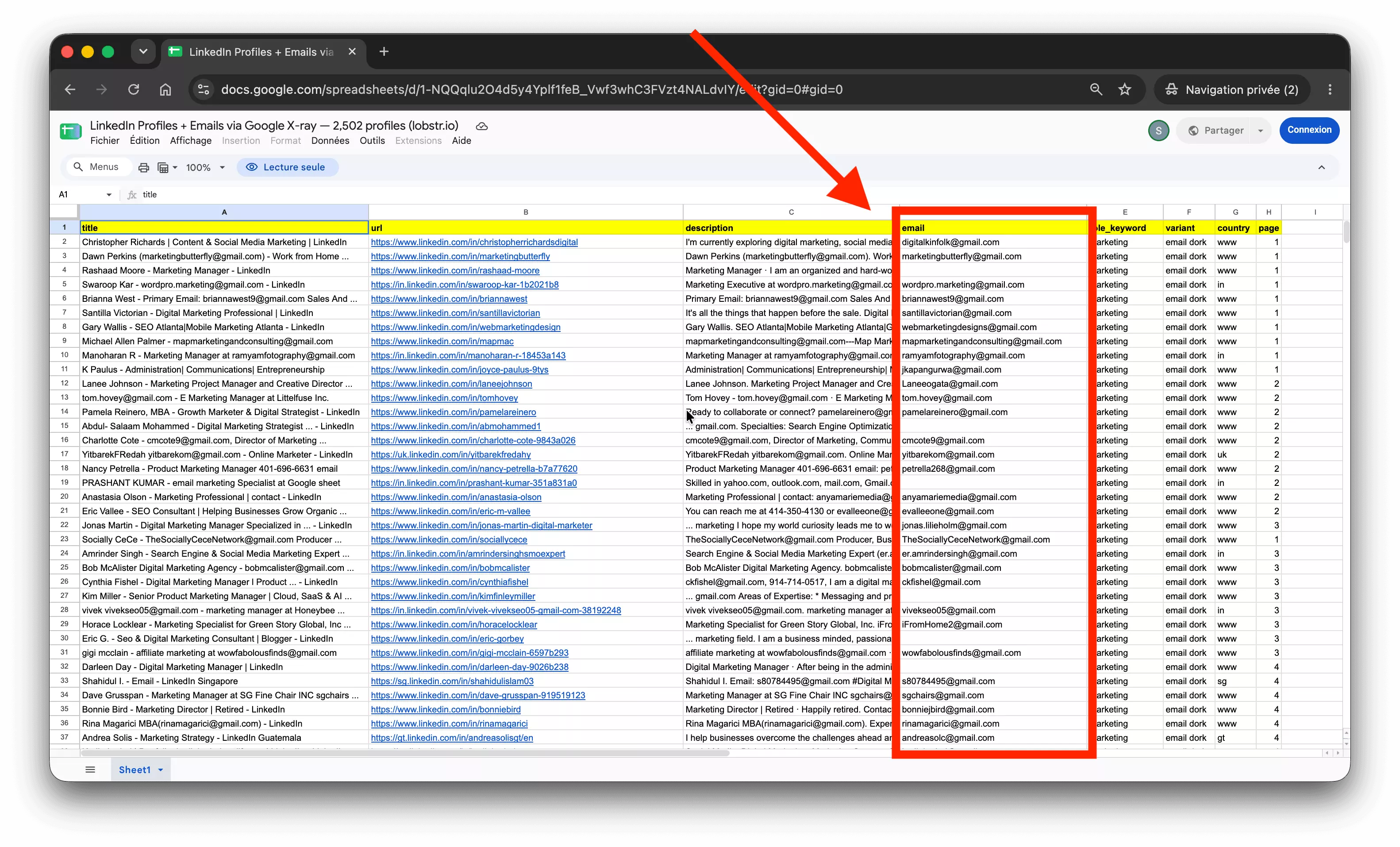 The public Google Sheet: 2,502 profiles with the extracted email column highlighted