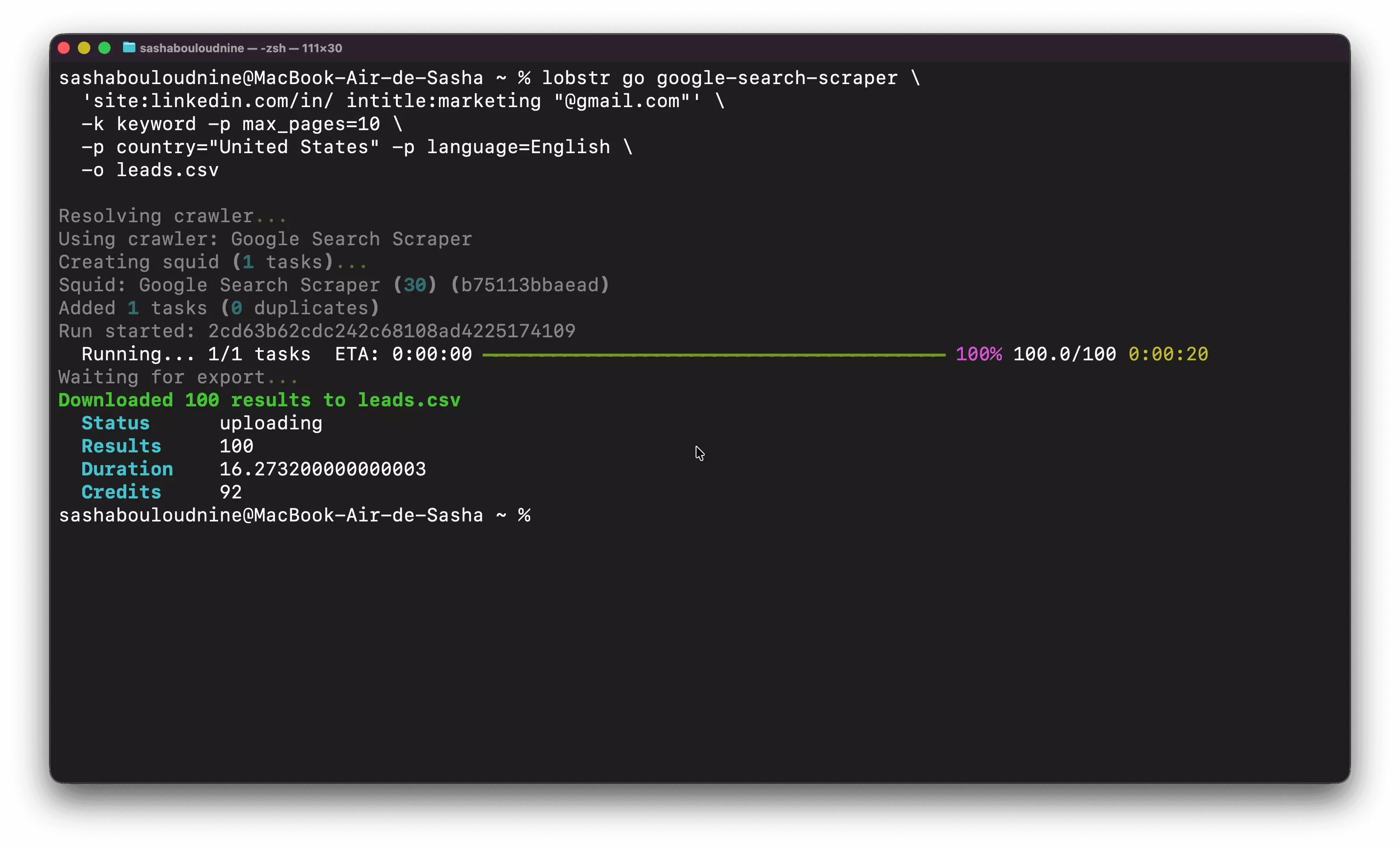Terminal: lobstr go downloads 100 results to leads.csv in 16 seconds