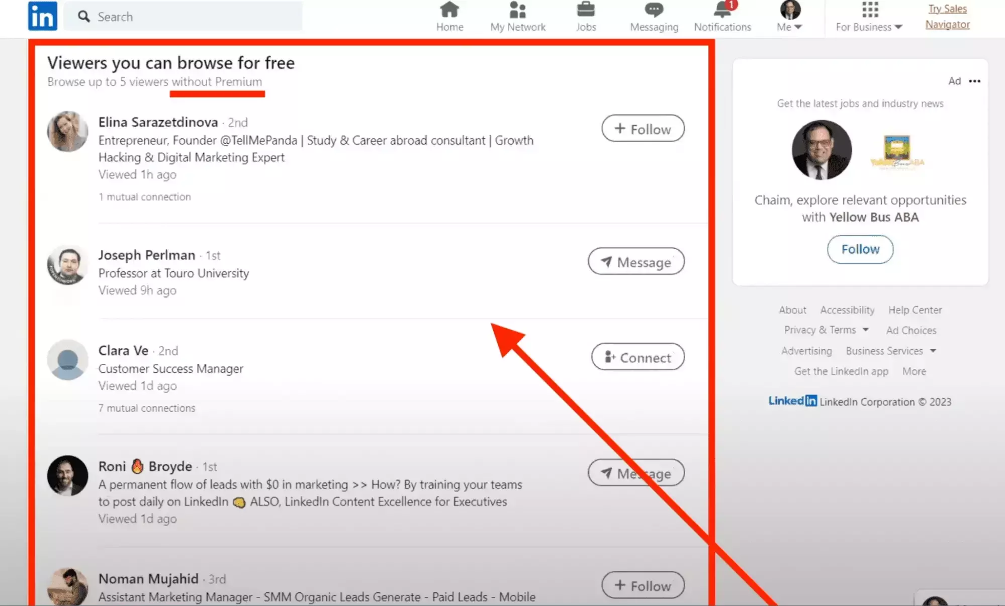 LinkedIn's Who viewed your profile panel — even free accounts see their last five visitors