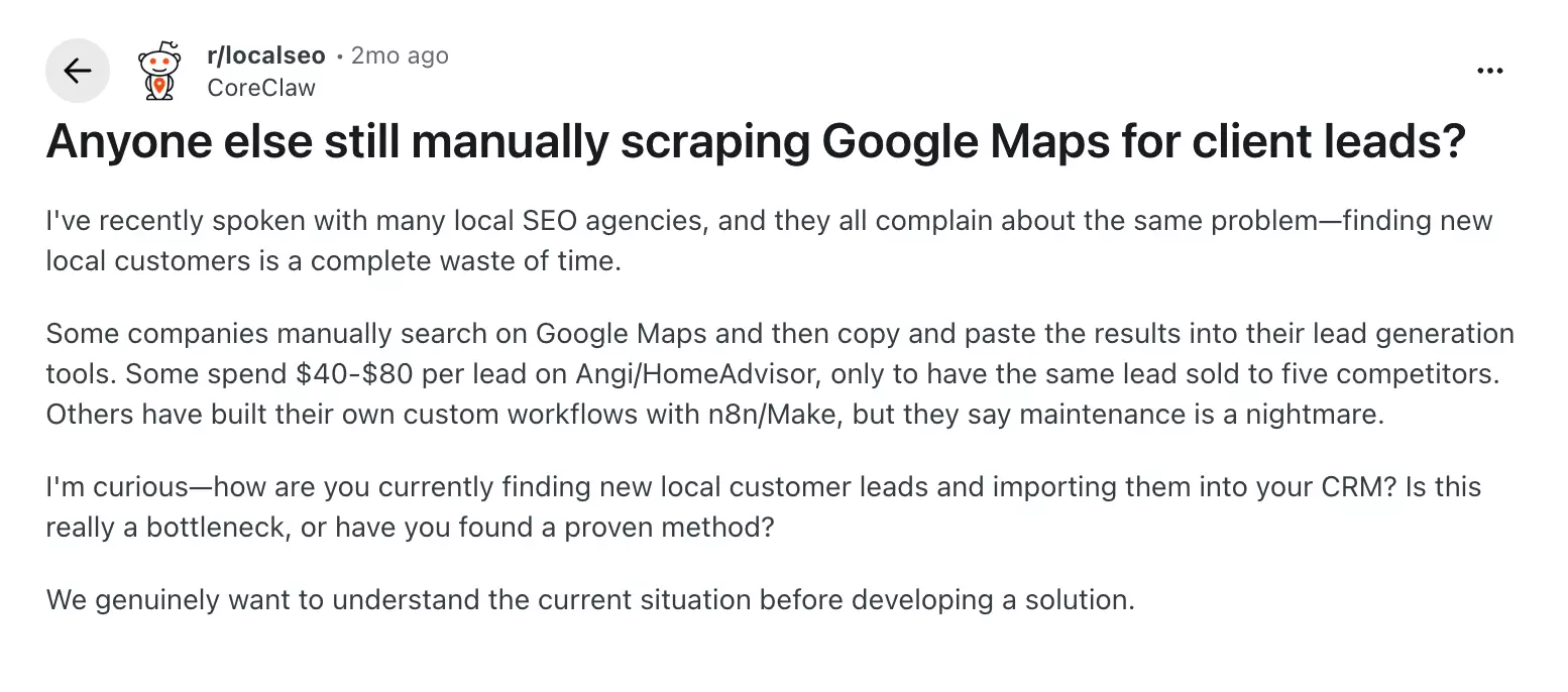 r/localseo post asking if anyone else is still manually scraping Google Maps for client leads