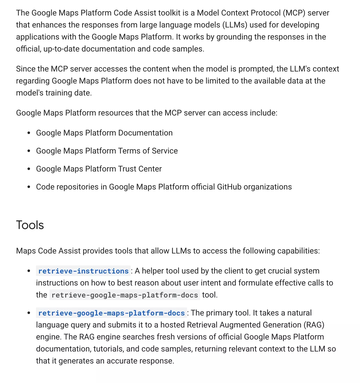 Google Maps Platform Code Assist docs listing its two MCP tools, retrieve-instructions and retrieve-google-maps-platform-docs