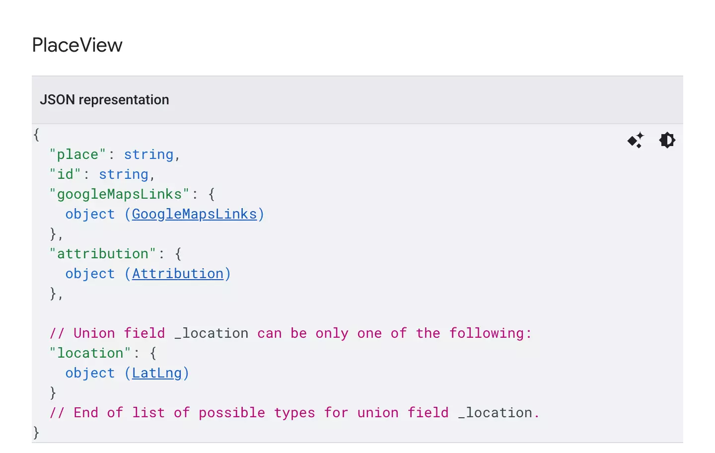 Maps Grounding Lite search_places output schema with place, id, googleMapsLinks, attribution and location, and no phone, website or email