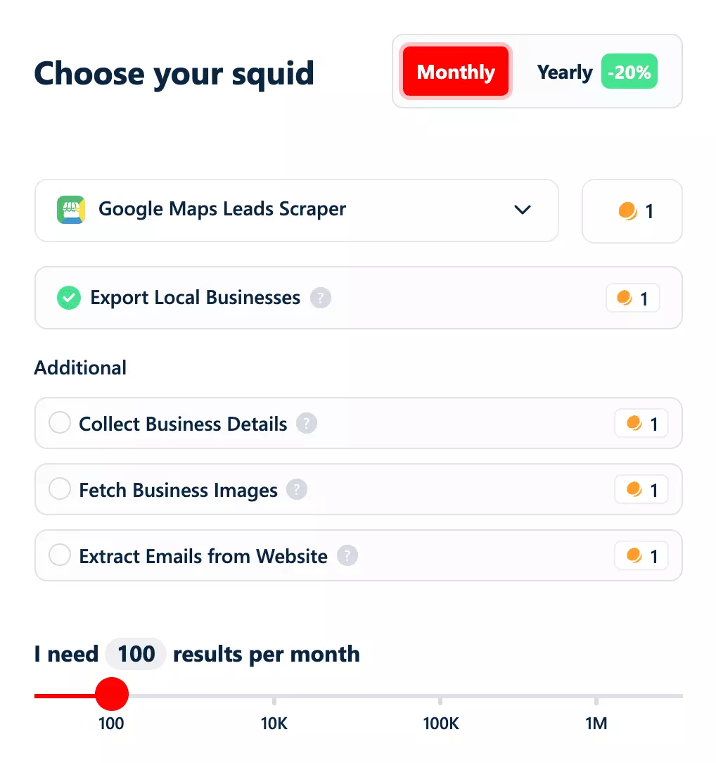 lobstr.io pricing simulator for the Google Maps Leads Scraper showing the credit cost of each function