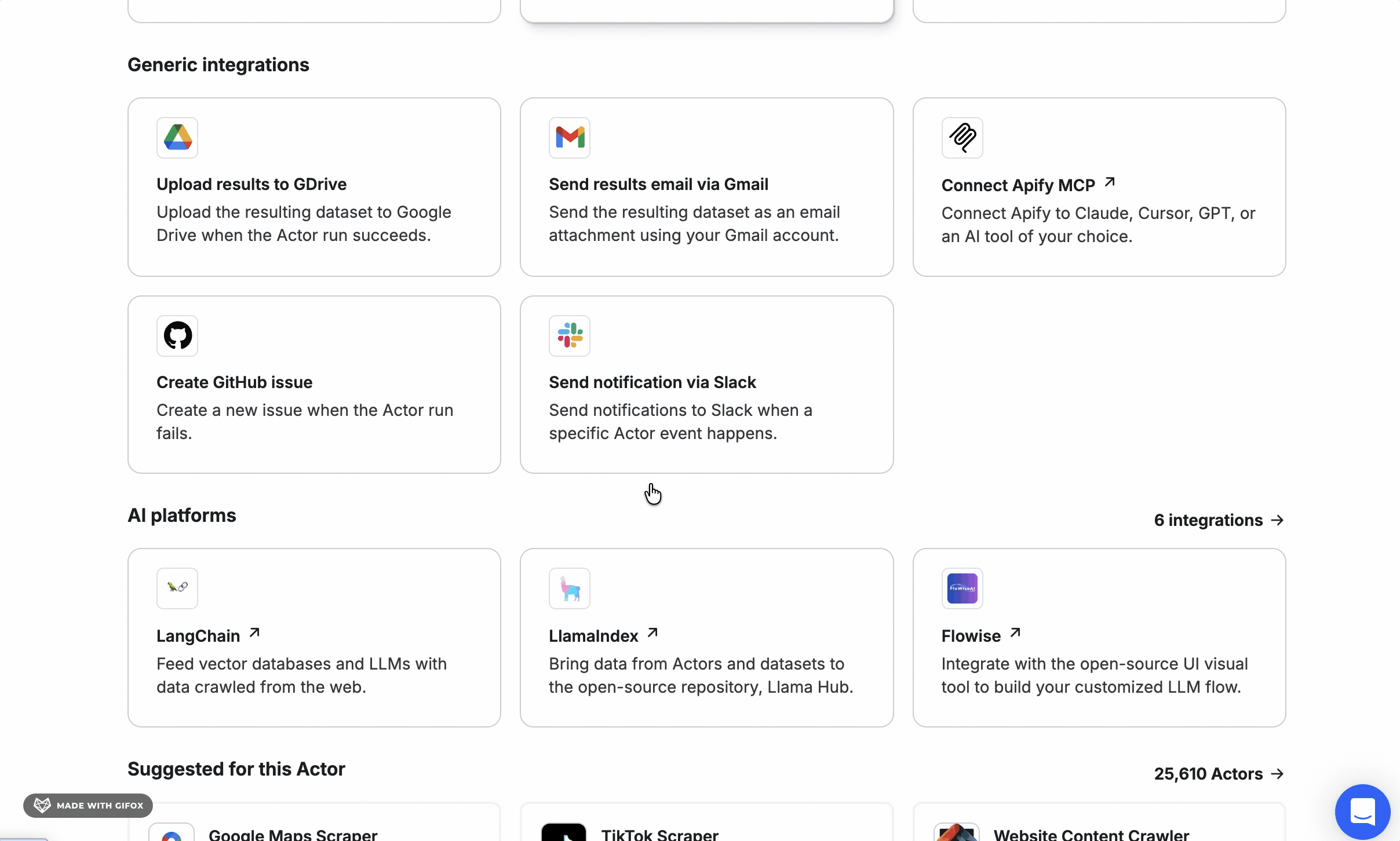 GIF showing Apify native integrations with Make, Zapier, and n8n