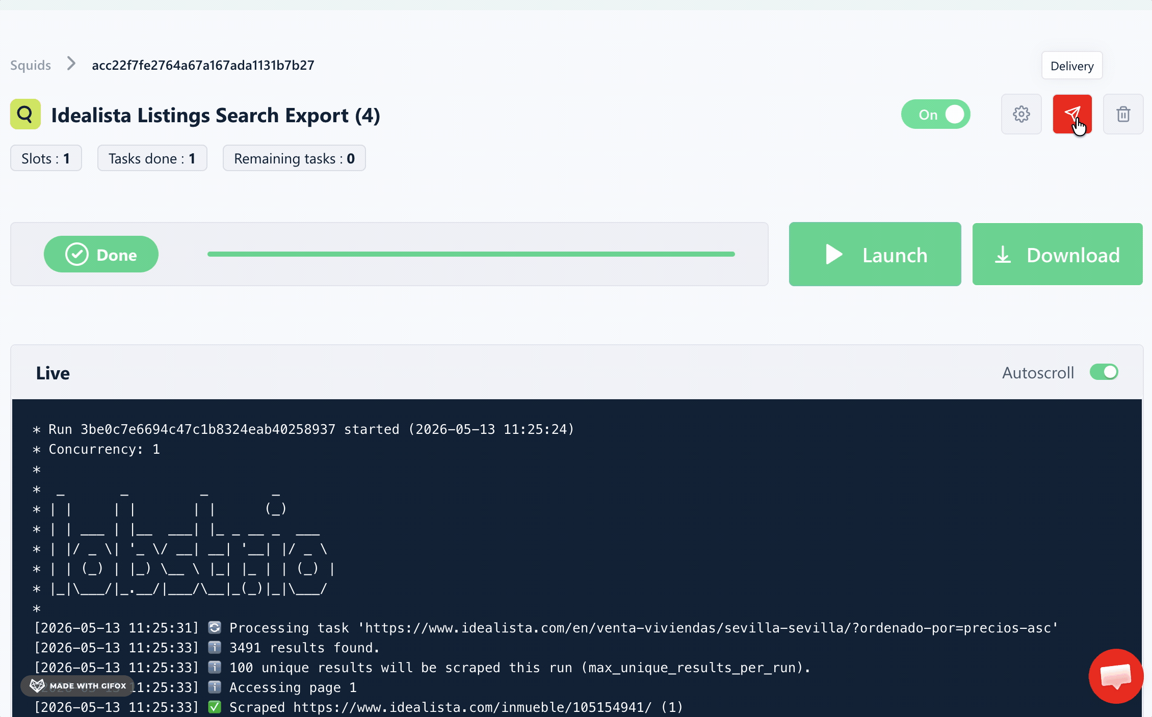 GIF showing lobstr.io automated delivery options — Google Sheets, Amazon S3, SFTP, and email