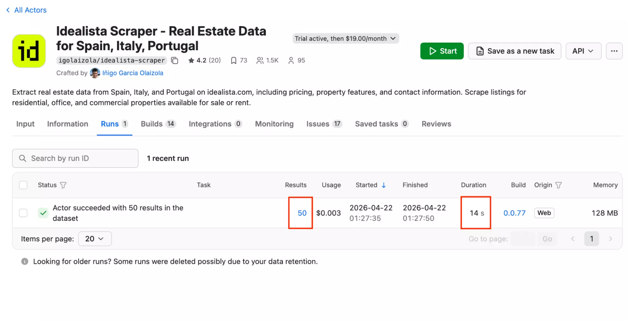 Apify speed test — 50 results in 14 seconds