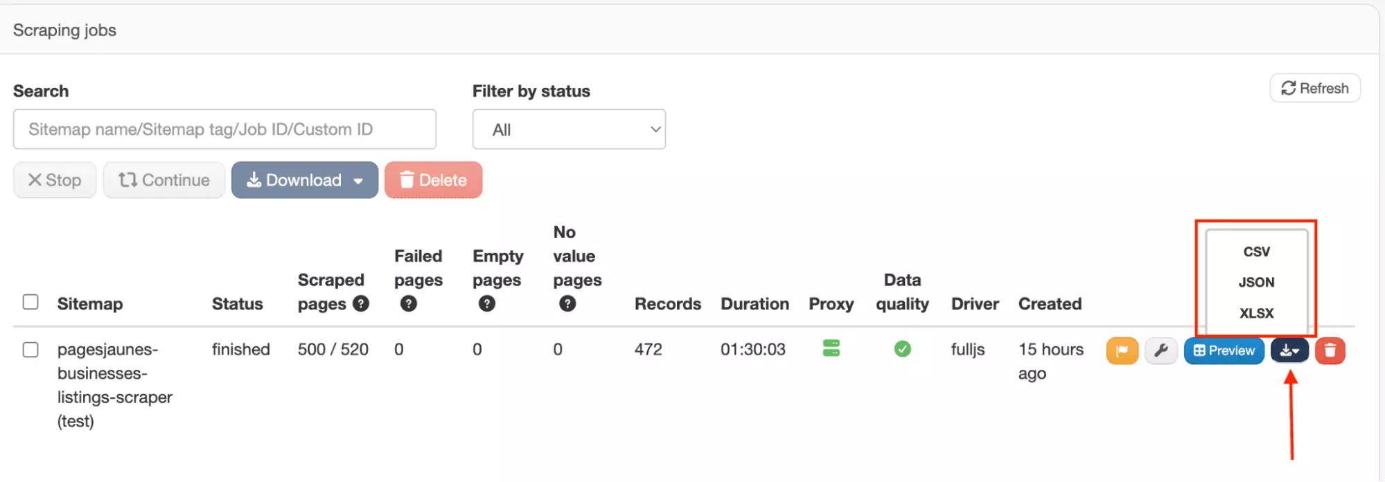 WebScraper.io export format options